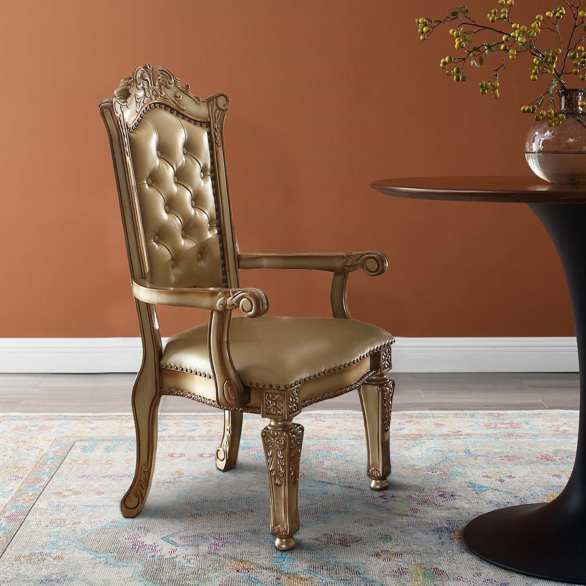27 Inch Wood Dining Side Chair, Faux Leather, Set Of 2, Gold Gold Wood Fabric