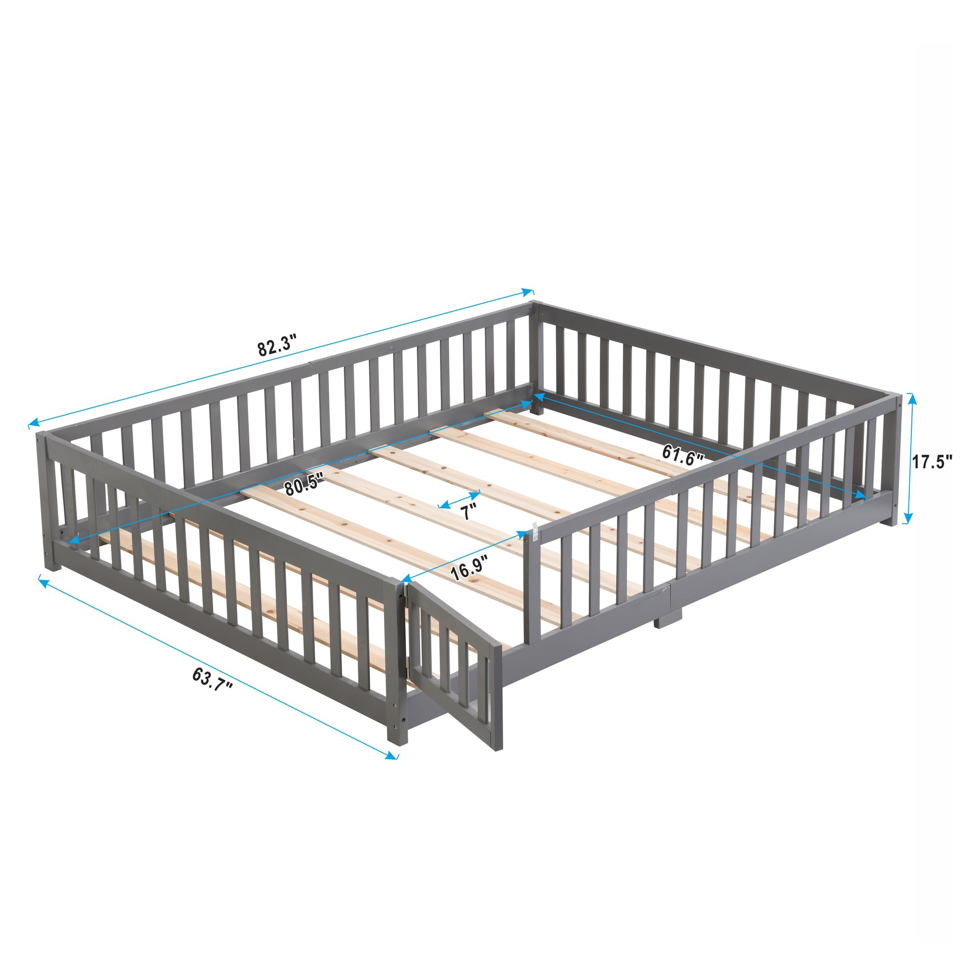 Queen Size Floor Bed With Door,Solid Wood Platform Bed Frame With Fence,Suitable For Children,Pine Wood,Gray Queen Gray Wood
