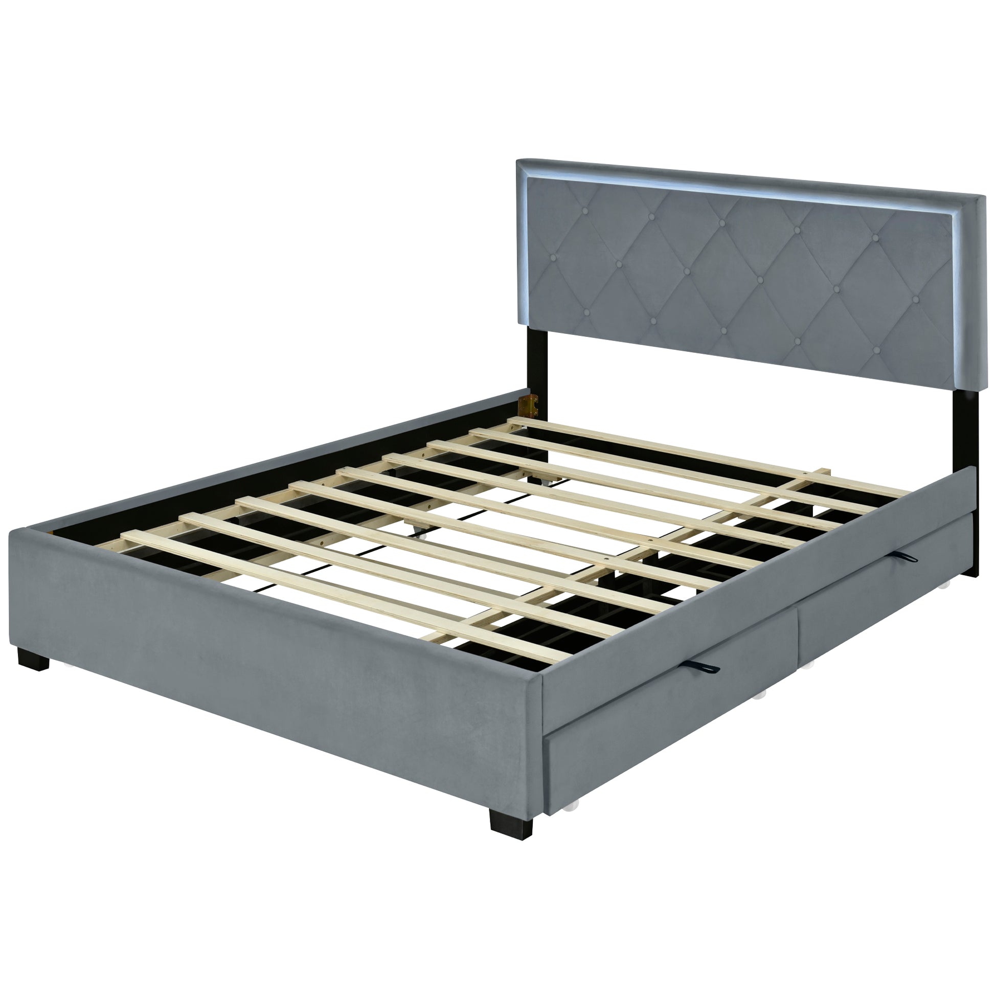 Queen Size Velvet Storage Platform Bed, With 2 Big Drawers, Twin Xl Size Trundle And Led Light, Gray Gray Velvet