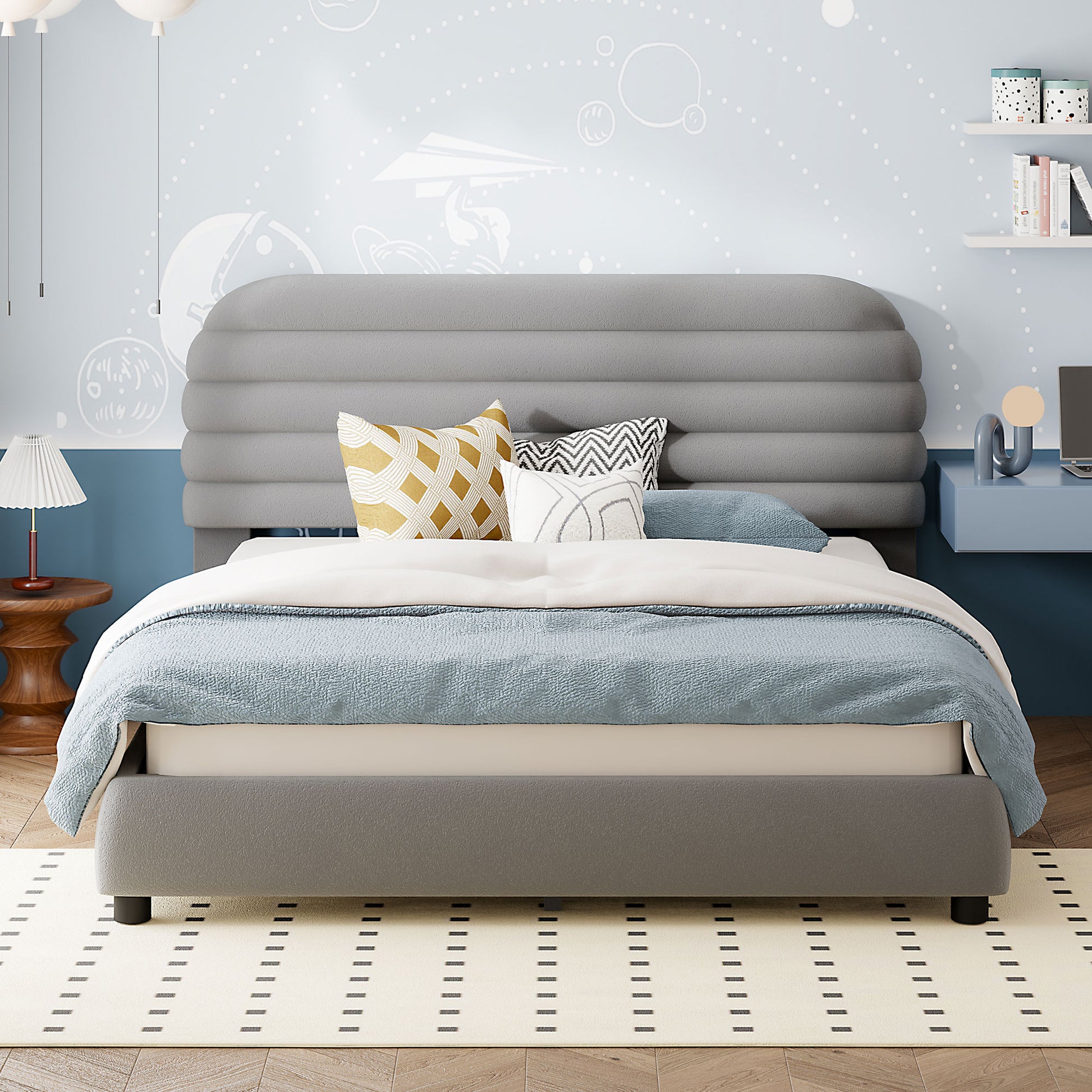 Queen Size Velvet Upholstered Platform Bed,Solid Frame And Stylish Curve Shaped Design, Gray Queen Gray Velvet