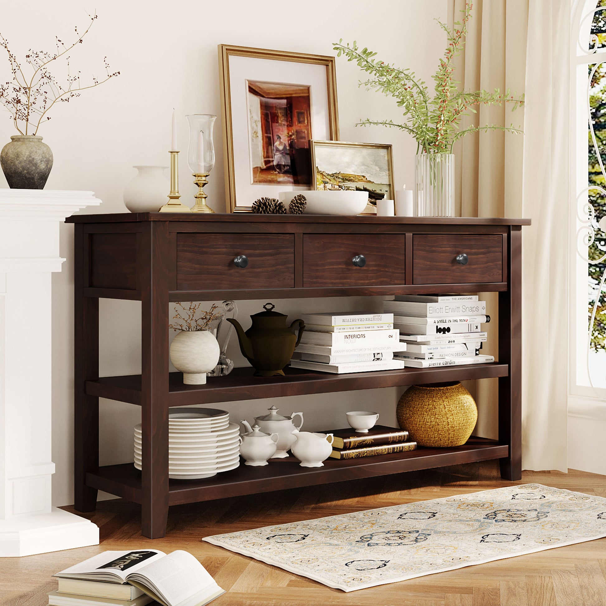Retro Design Console Table With Two Open Shelves, Pine Solid Wood Frame And Legs For Living Room Espresso Espresso Solid Wood Mdf