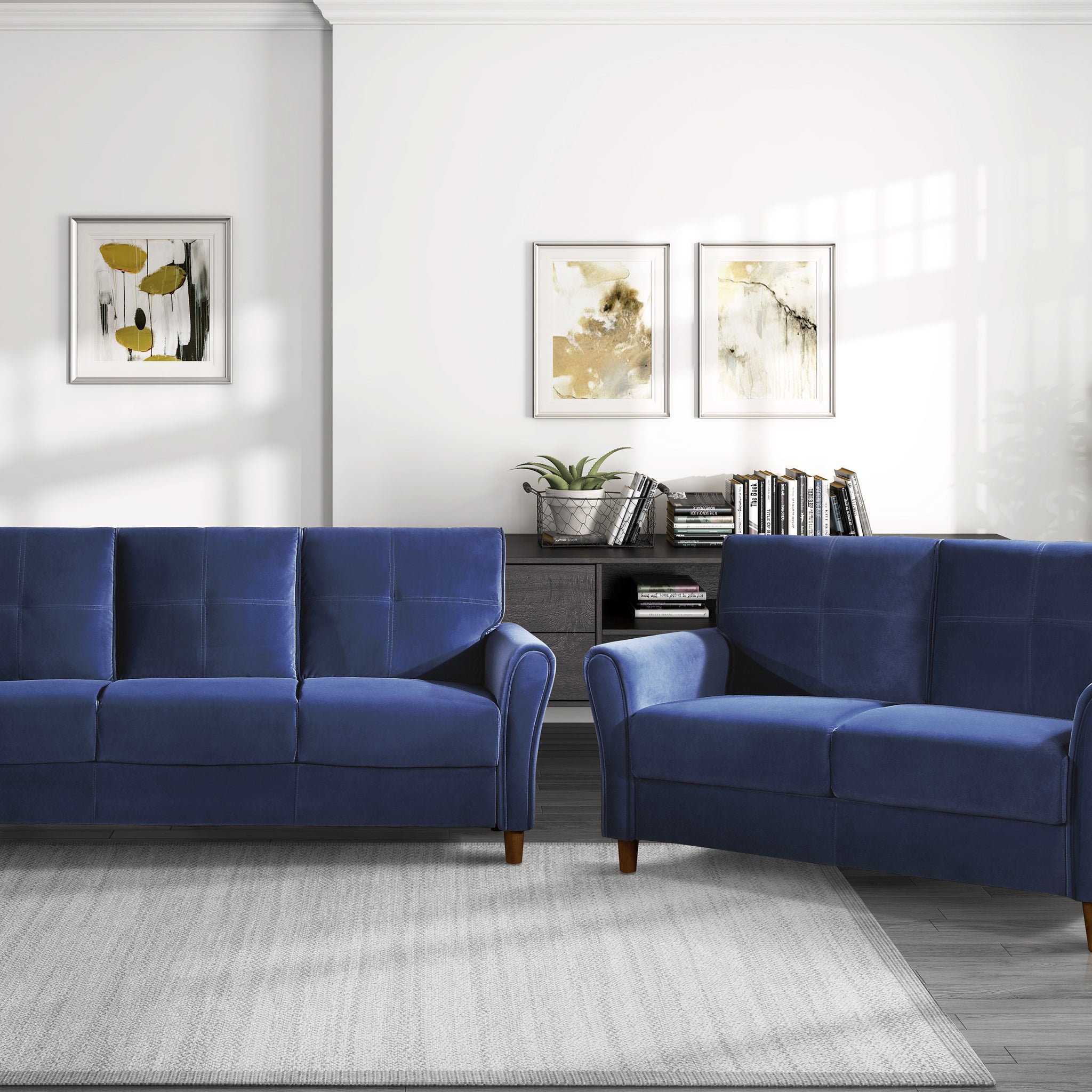 Modern Living Room Sofa Set 2Pcs Comfort Sofa Loveseat Plush Seatbacks Tufted Detail Blue Velvet Upholstery Solid Wood Frame Furniture Blue Velvet Wood Primary Living Space Modern Flared Arms Solid Wood 5 Seat
