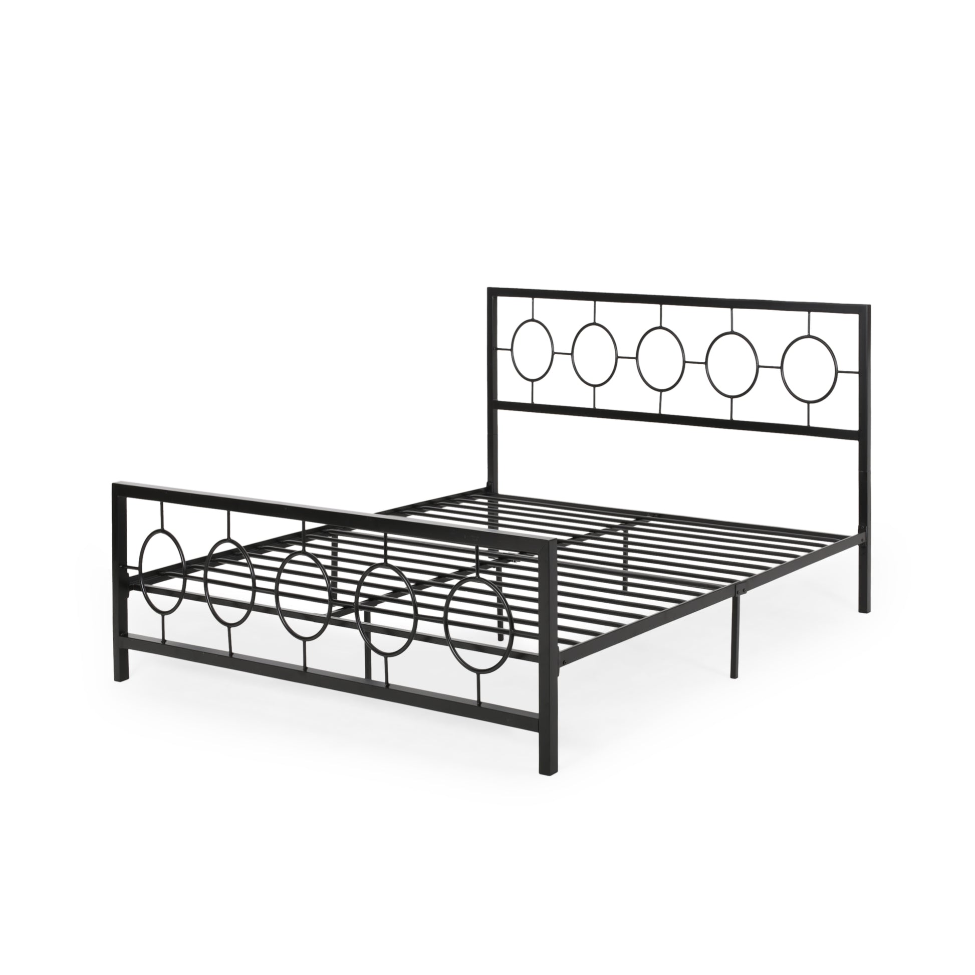 King Size Classical Metal Bed Frame With Circular Design Headboard And Footboard, Under Bed Space, Black King Black Iron