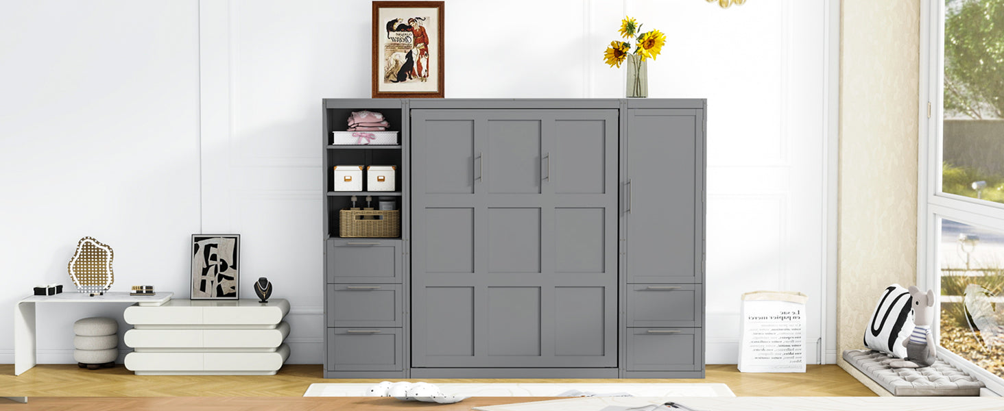 Queen Size Murphy Bed Wall Bed With Closet ,Drawers And Shelves,Gray Queen Gray Mdf Lvl
