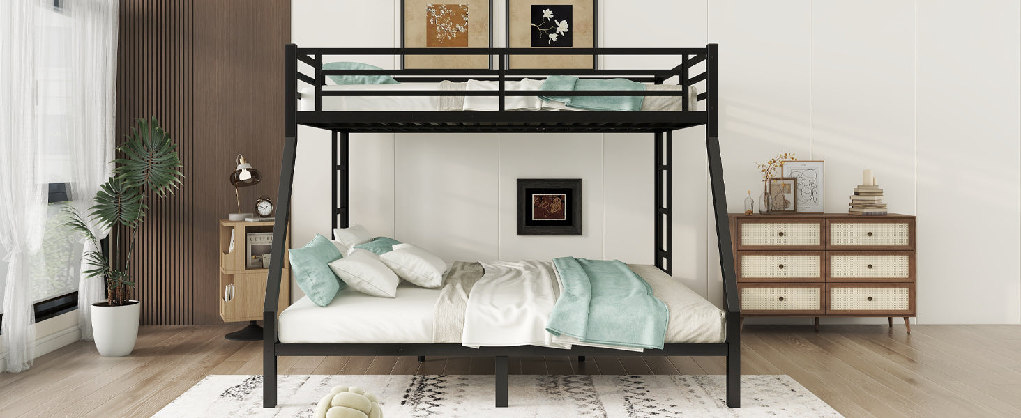Metal Queen Over King Bunk Bed For Teens And Adults,Space Saving Noise Reduced No Box Spring Needed, Black Black Metal