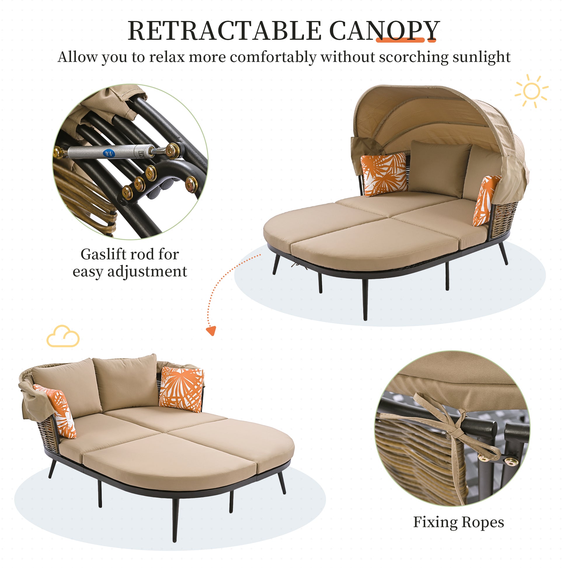 74.8" L Patio Daybed With Retractable Canopy, Outdoor Rattan Pe Wicker Back Loveseat Sofa Set With Throw Pillows And Cushions For Backyard, Poolside, Garden, Brown Yes Lounge Brown Weather Resistant Frame Water Resistant Cushion Garden & Outdoor Complete