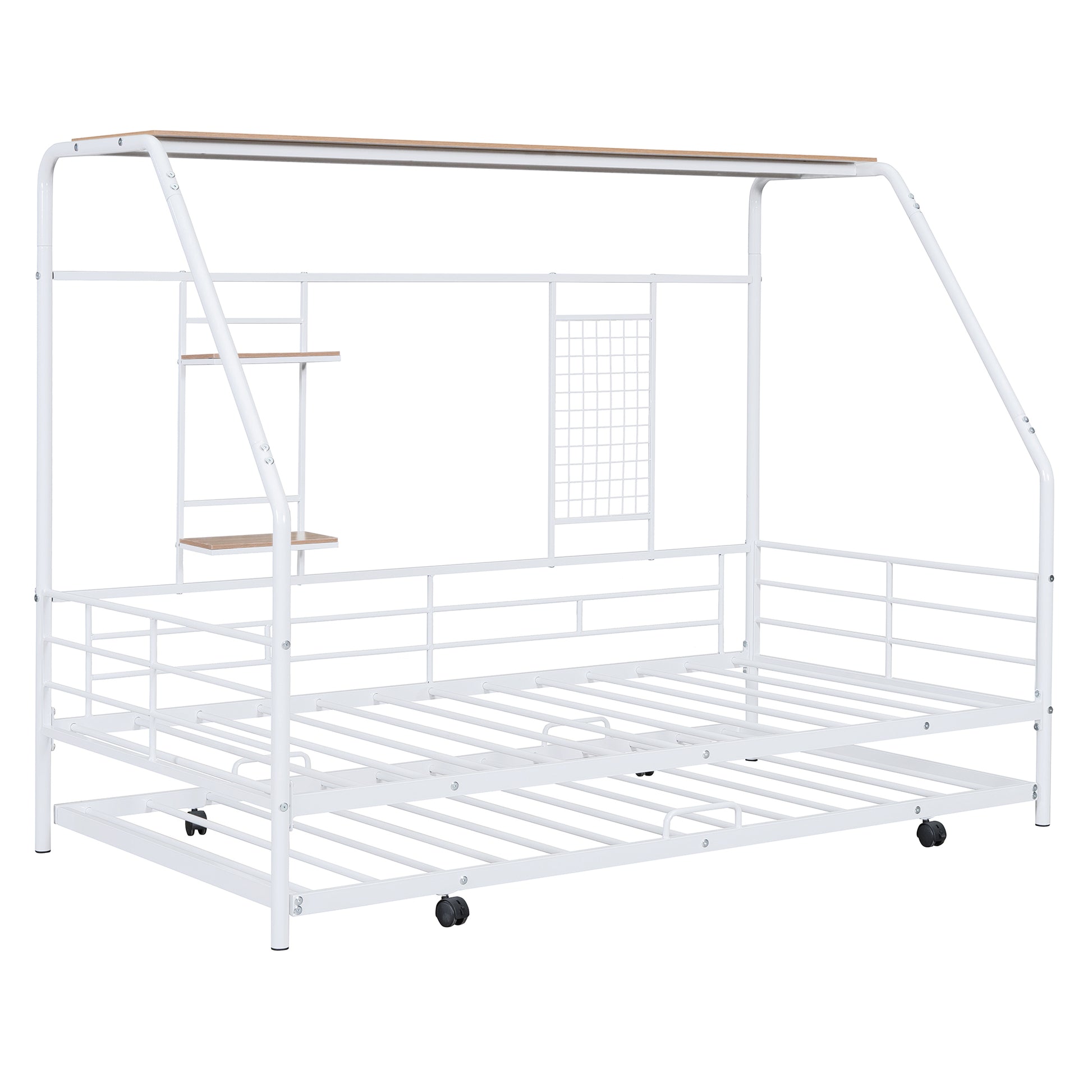 Twin Size Metal House Bed With Trundle, White Twin White Metal