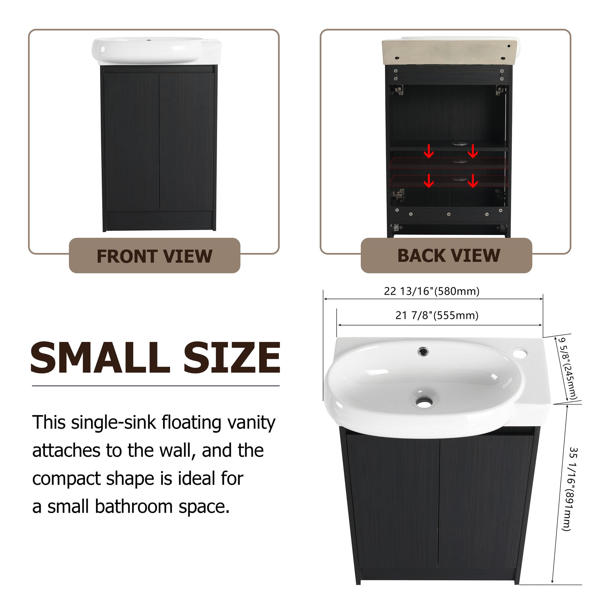 23" Freestanding Bathroom Vanity With Sink, Soft Close Doors Black Chestnut Bathroom Modern Plywood