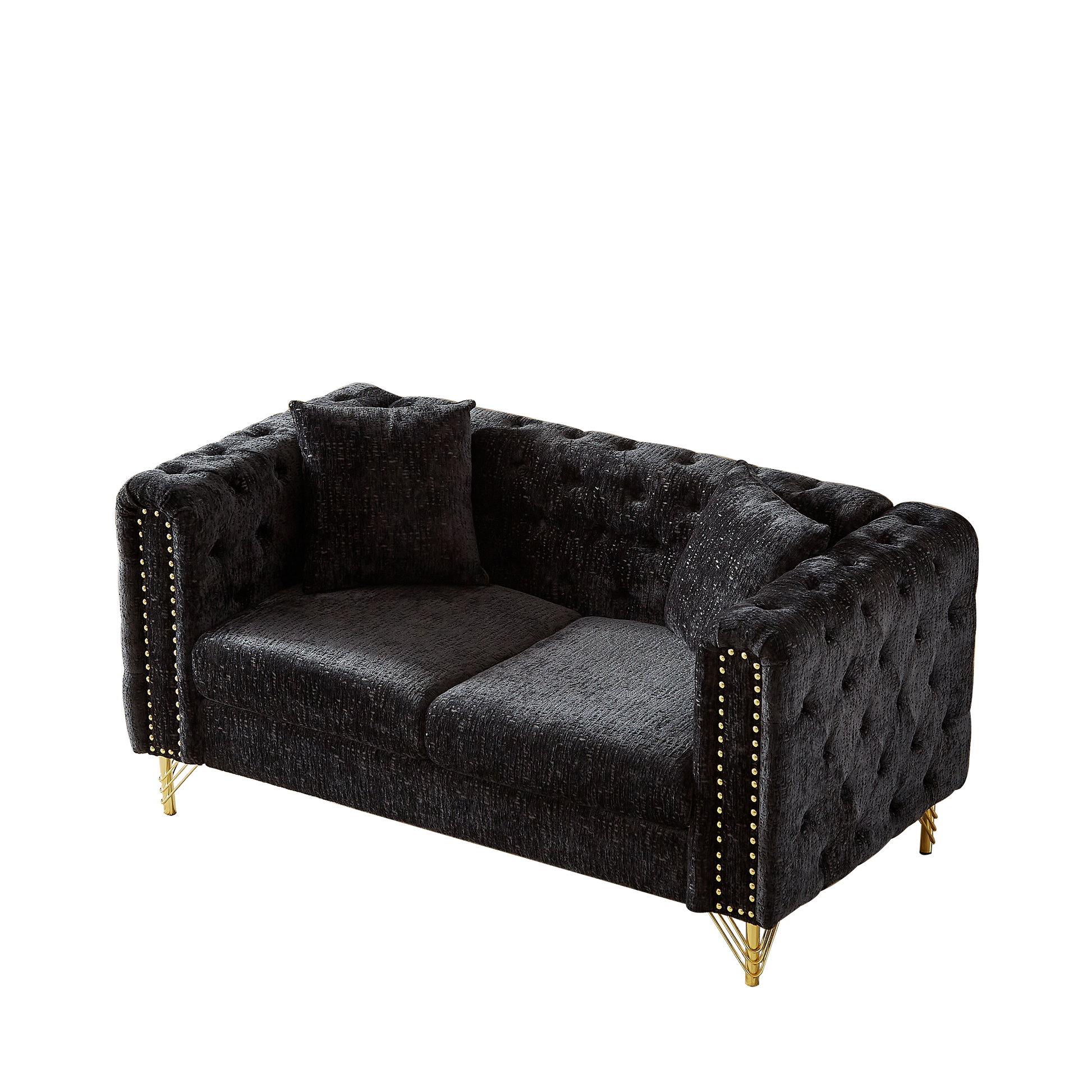 60 Inch Chenille Pull Buckle Design Sofa For Living Room,Buttons Tufted With Copper Nail Decoration Armrest, Modern Couch Upholstered Button And Metal Legs Black Foam Chenille 2 Seat