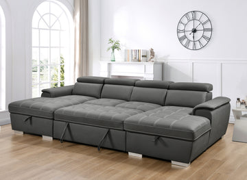 U Shaped Sleeper Sofa, 121 Inch Overisze 2 In 1 Pull Out Bed, Sectional Sleeper Sofa With Double Storage Chaise For Living Room Furniture, Charcoal Grey Light Brown Wood Primary Living Space Medium Duty Eucalyptus 6 Seat Charcoal Grey Polyester Soft