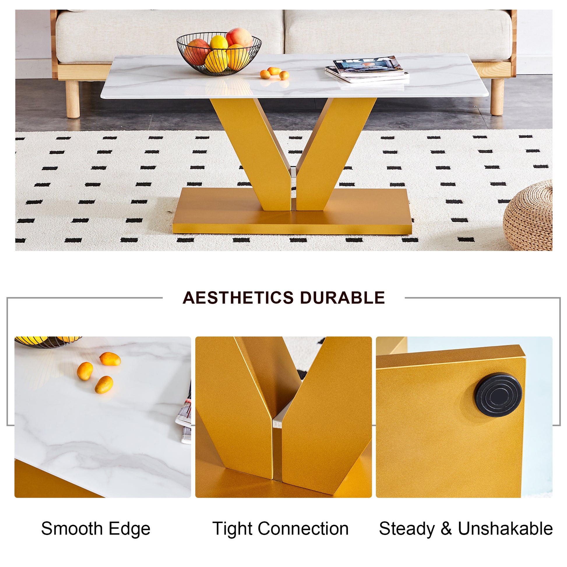 Modern Minimalist Coffee Table. Tempered Glass With Stickers Tabletop,Golden Mdf Pillars. Suitable For Living Room And Dining Room Gold Mdf Glass