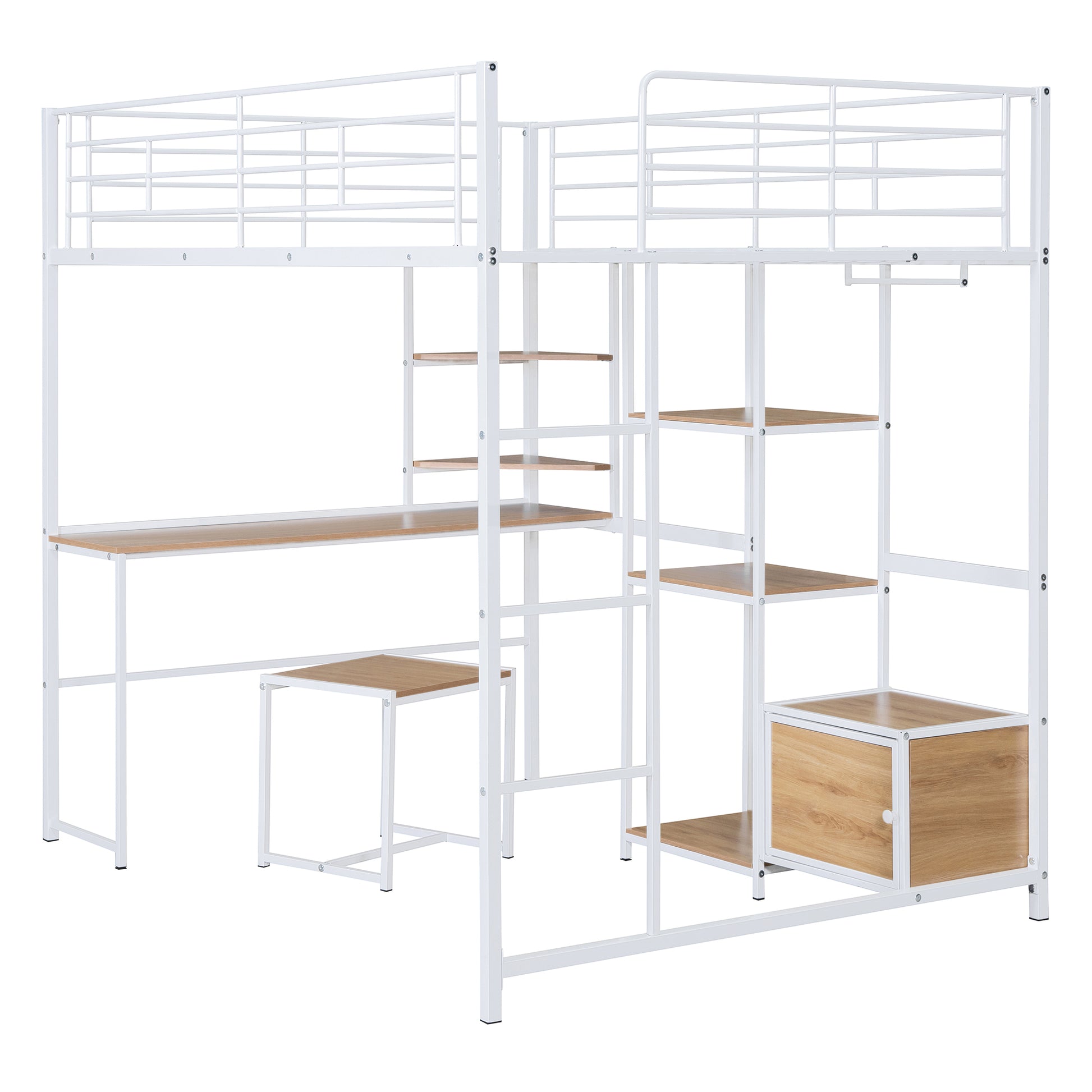 Full Size Loft Bed With Desk And Stool, Metal Loft Bed With Open Style Wardrobe, Shelves And Cabinet, White Full White Metal & Wood