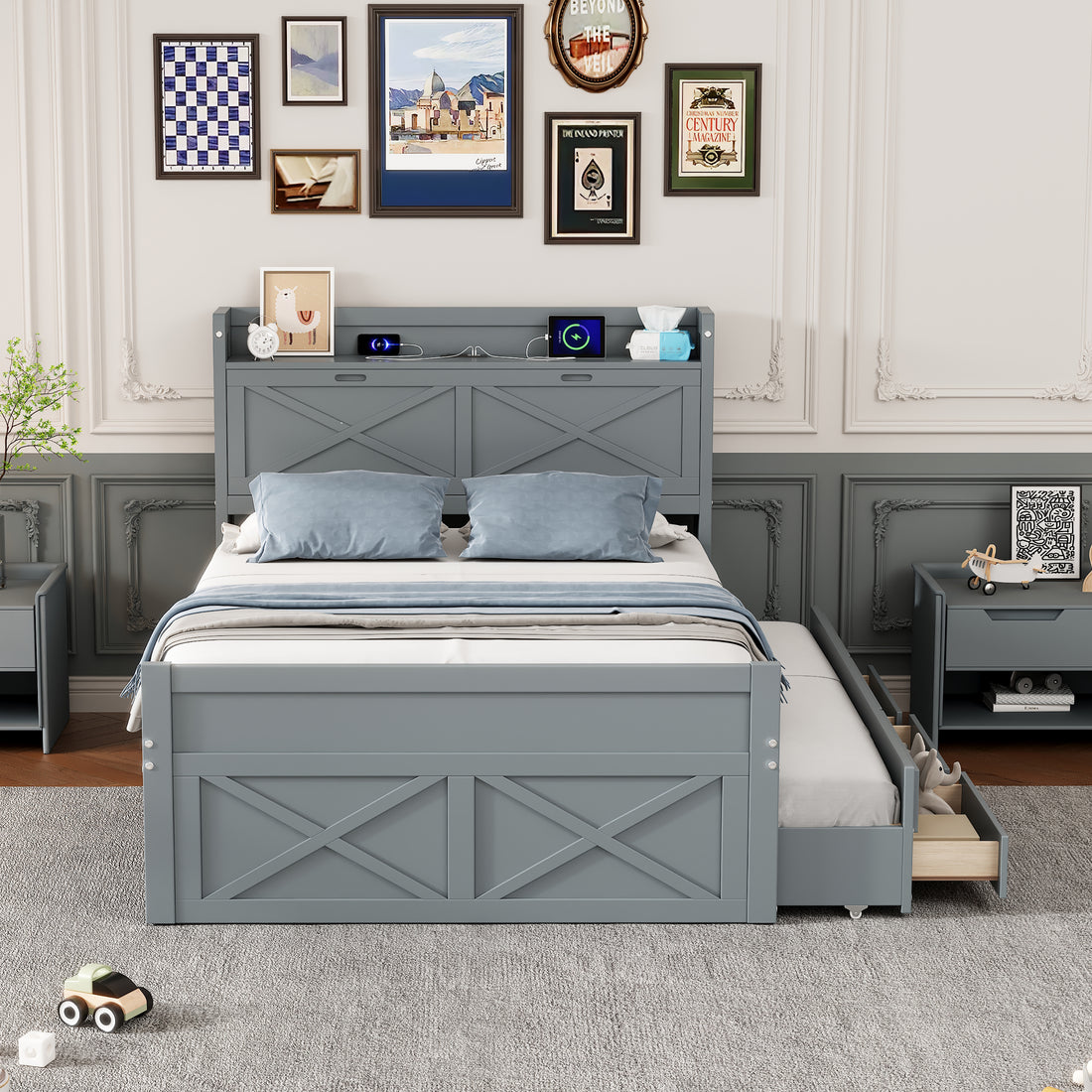 Full Size Wooden Bed With Storage Headboard With Outlets, Extendable Bed With Twin Size Trundle With Three Storage Drawers,Gray Full Gray Wood