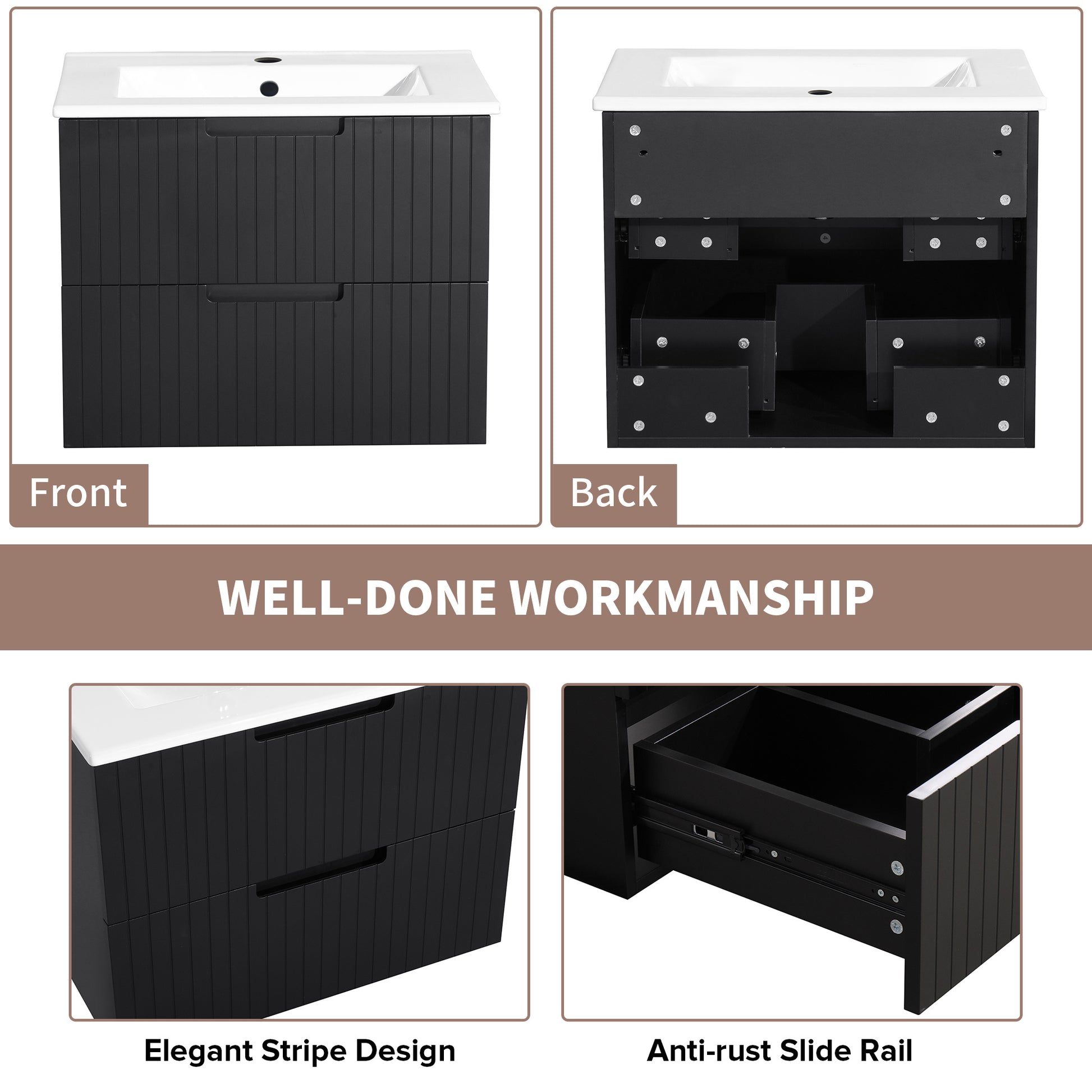 24 Inch Floating Bathroom Vanity With Ceramic Sink, Modern Bath Storage Cabinet Vanity With Drawers Wall Mounted Combo Set For Bathroom, Black Black Mdf