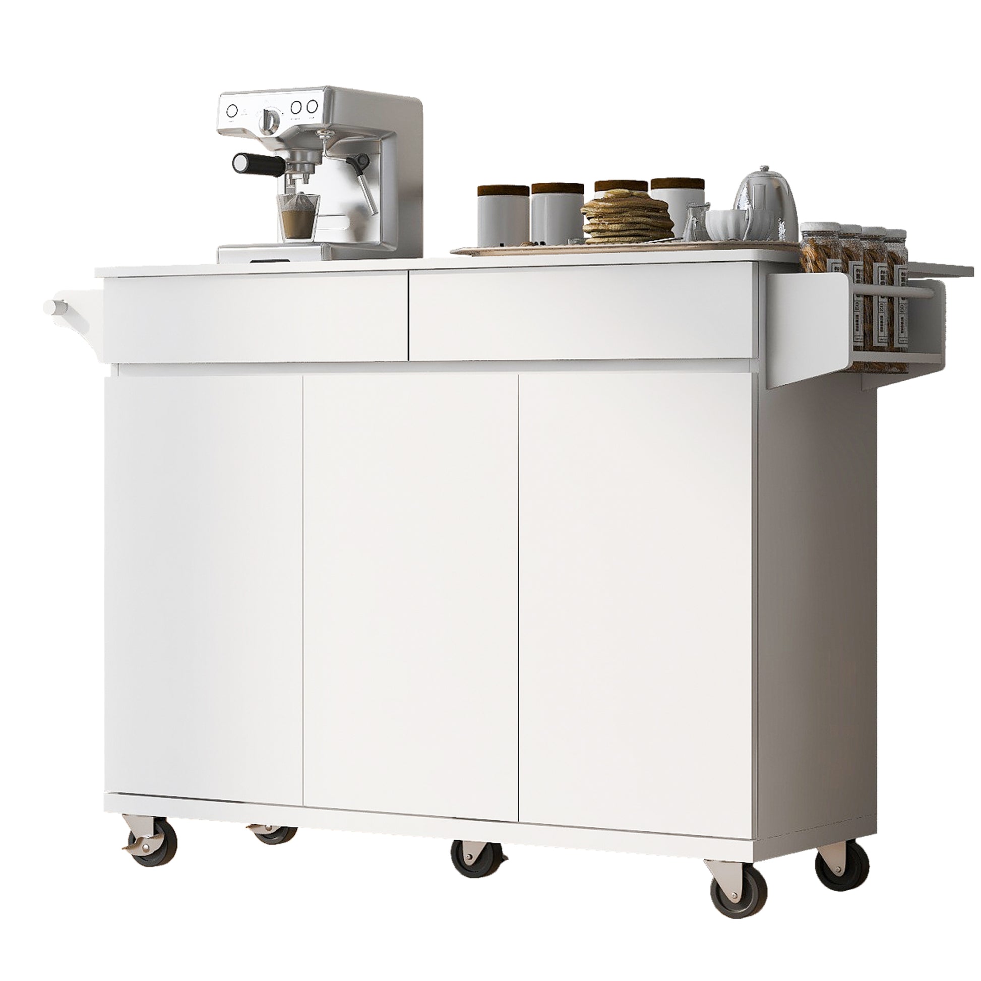 K&K 53.2'' Kitchen Island With Drop Leaf, Kitchen Storage Cart With Spice Rack, Towel Rack And 2 Drawers, Rolling Kitchen Island On Wheels With Adjustable Shelves For Kitchen, Dining Room, White White Brown Kitchen Artsy,Casual,Classic,Minimalist,Modern