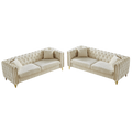 Chenille Pull Buckle Design Sofa For Living Room,Buttons Tufted With Copper Nail Decoration Armrest, Modern Couch Upholstered Button And Metal Legs Beige Foam Chenille 6 Seat