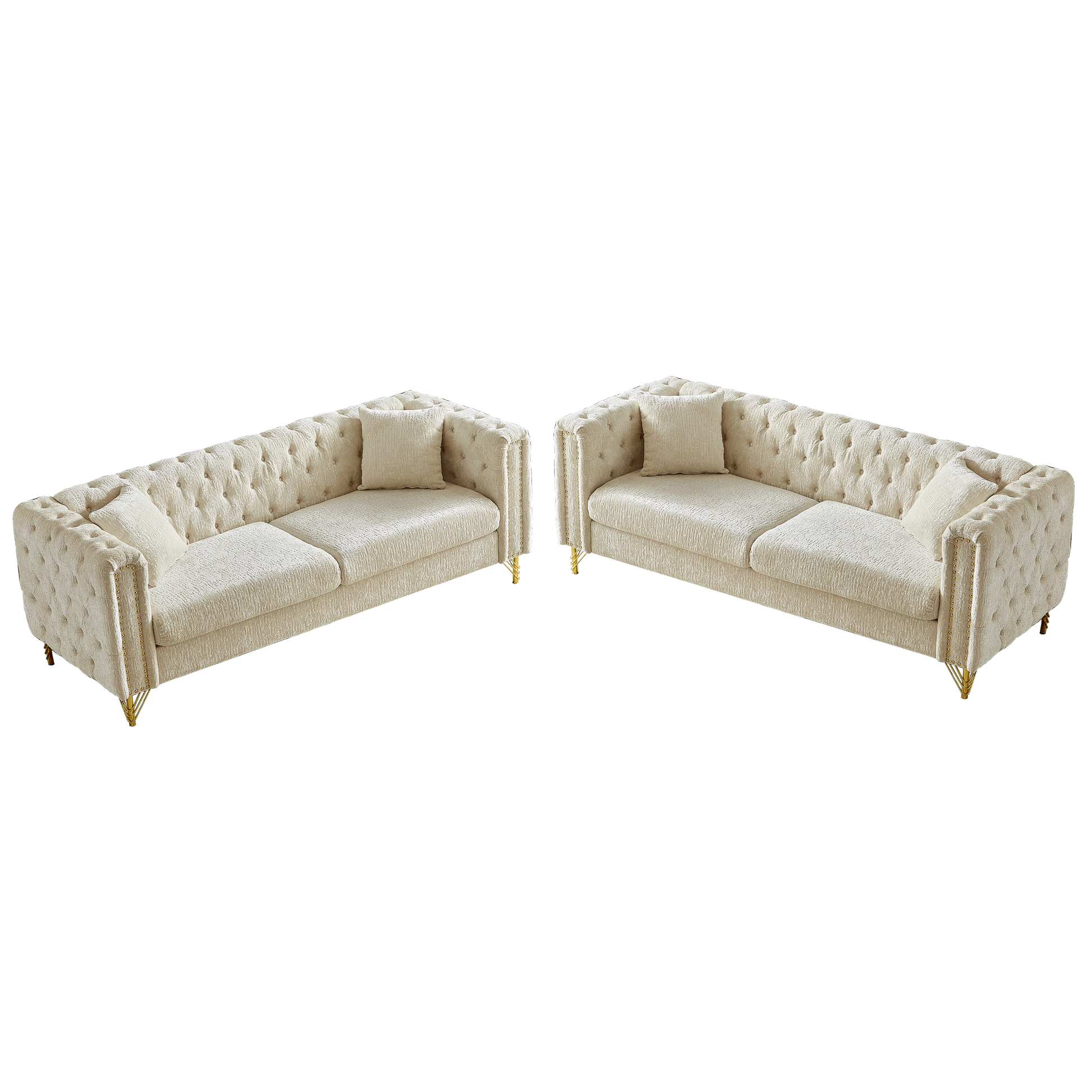 Chenille Pull Buckle Design Sofa For Living Room,Buttons Tufted With Copper Nail Decoration Armrest, Modern Couch Upholstered Button And Metal Legs Beige Foam Chenille 6 Seat
