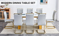 Table And Chair Set.Large Modern Rectangular Table With 0.4 Inch Patterned Glass Tabletop And Large Mdf Table Legs.Comes With 8 Chairs With Faux Leather Cushioned Seats And Golden Metal Legs. Gold White Seats 8 Mdf Glass
