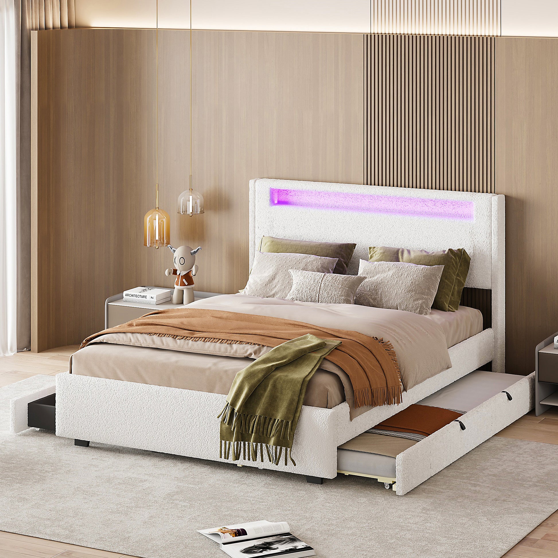 Full Size Upholstered Platform Bed With Led Frame, With Twin Size Trundle And 2 Drawers, Teddy Fleece, White White Fleece