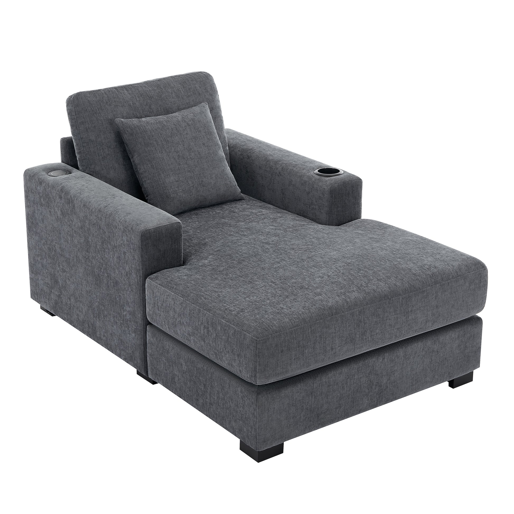 39.7" Oversized Chaise Lounger Modern Style Sofa Couch ,With Pillows, Charge Station & Cup Holders, Chenille Fabric, Blue Gray Blue Gray Chenille