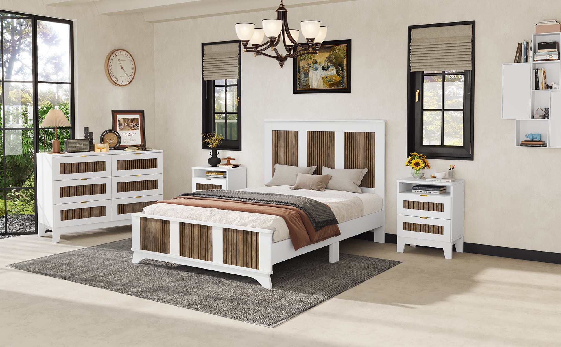 4 Pieces Bedroom Sets, Full Size Farmhouse Platform Bed With Wooden Strip Decoration, Storage Nightstand And Dresser With Metal Handle, White Full White 4 Piece Set Particle Board