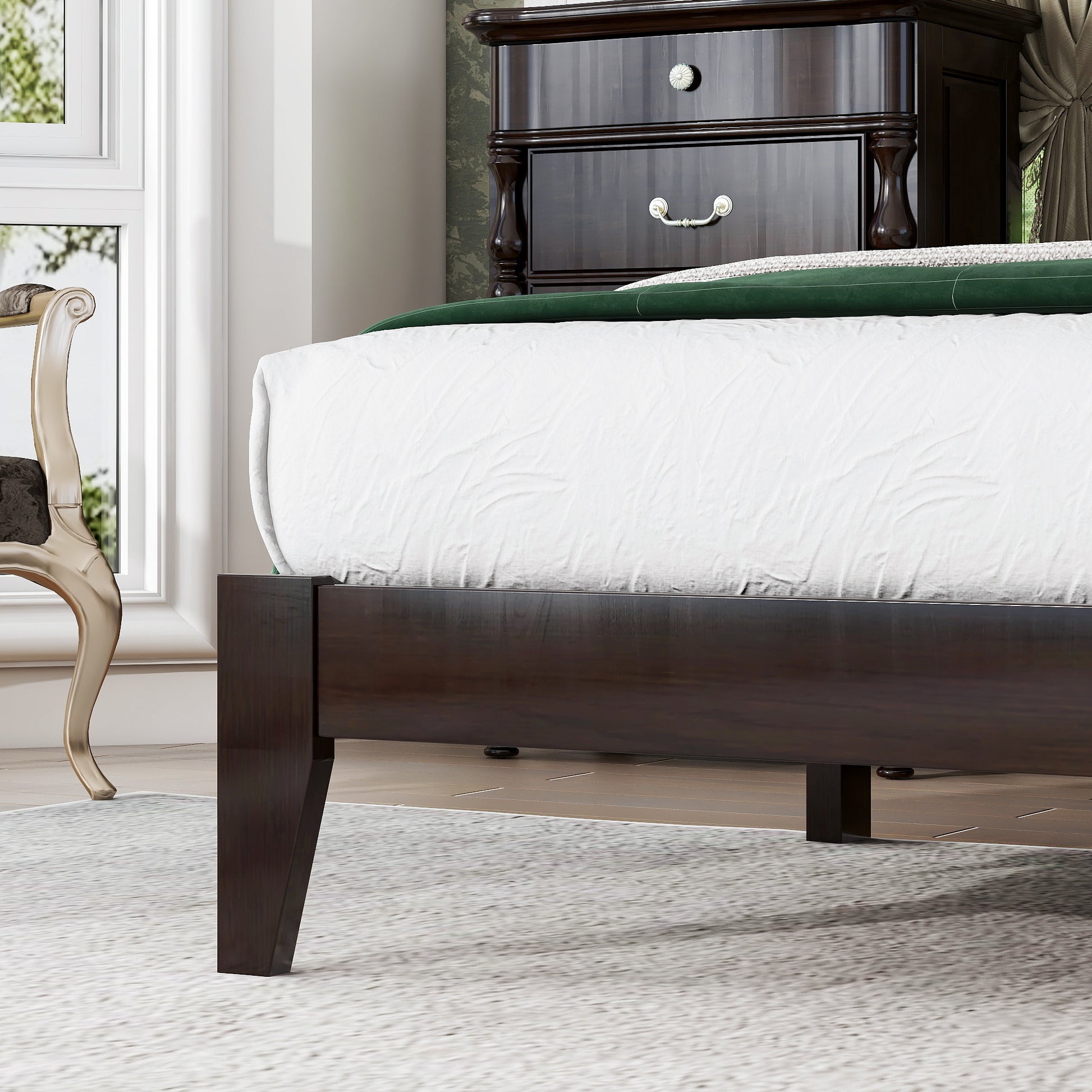 Queen Size Rubber Wooden, Solid Wooden Bed With Rattan Headboard, Enhanced By Support Feet,Espresso Queen Espresso Rubber Wood