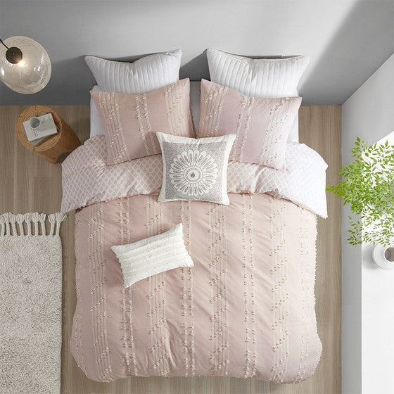 3 Piece Cotton Jacquard Duvet Cover Set Queen Pink Cotton