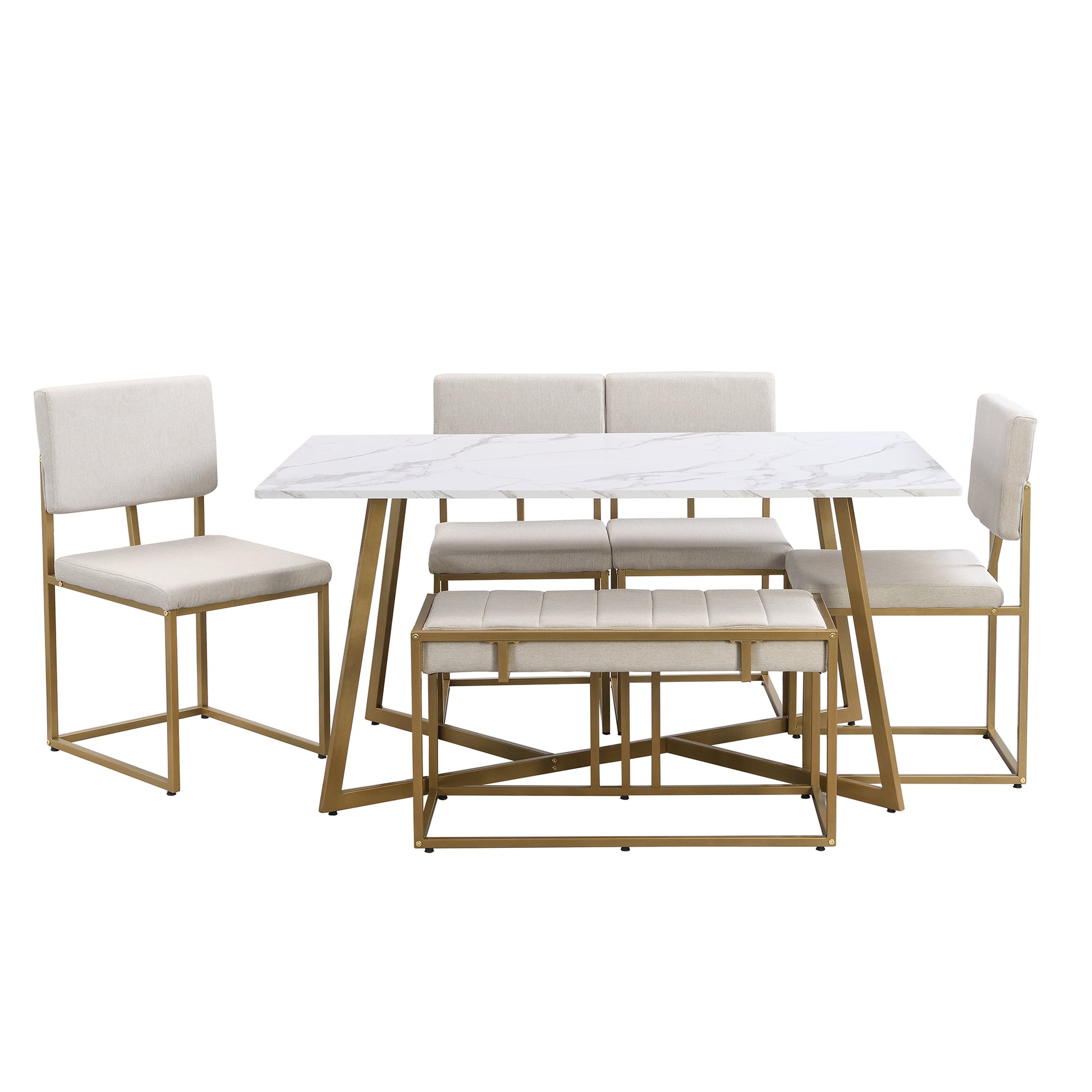 Modern Faux Marble 6 Piece Dining Table Set,60Inch Metal Kitchen Table Set With Upholstered Dining Chairs And Bench, Golden Metal Dining Room Bench Seating Rectangular Dining Table With Chair And Bench Metal Wood Golden Seats 6 60 Inches Farmhouse
