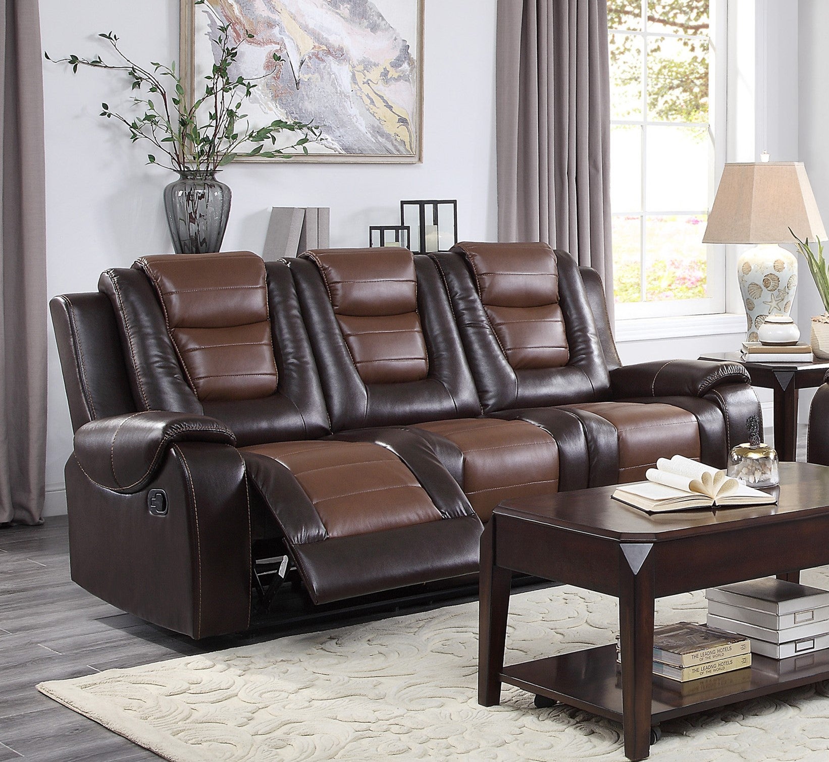 Modern Luxury Living Room Sofa Set 2Pc Reclining Sofa Loveseat Formal Furniture Premium Faux Leather Upholstery Comfortable Two Tone Brown Finish Dark Brown,Light Brown Faux Leather Wood Primary Living Space Luxury,Modern Plywood,Solid Wood 5 Seat