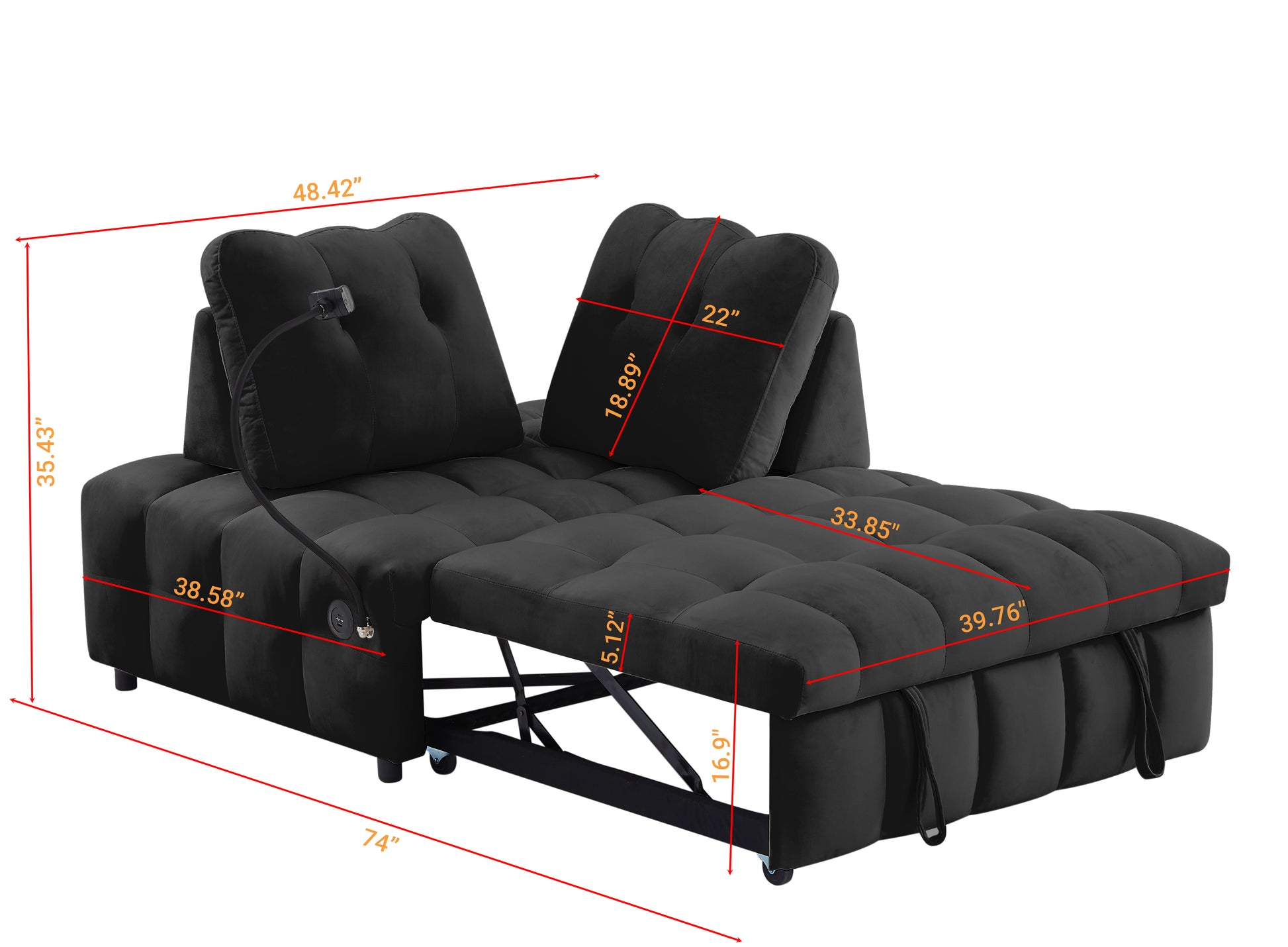 Modern Sofa Velvet Pull Out Bed,Independently Removable Backrest, Have Usb Port And Swivel Phone Stand ,Black Black Wood Velvet 2 Seat