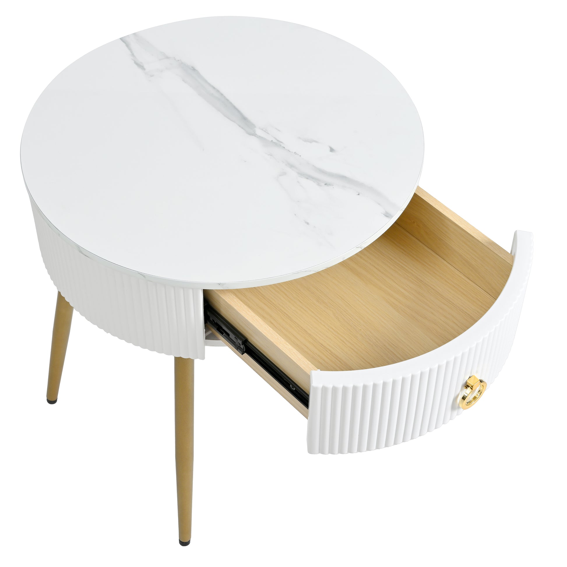 19.6'' Easy Assembly End Tables With High Gloss Faux Marble Tabletops, Set Of 2, Modern Fluted 2 Side Tables With Drawers, Round Coffee Tables With Golden Legs For Living Room, White White Gold Primary Living Space Drawers Round Mdf Iron