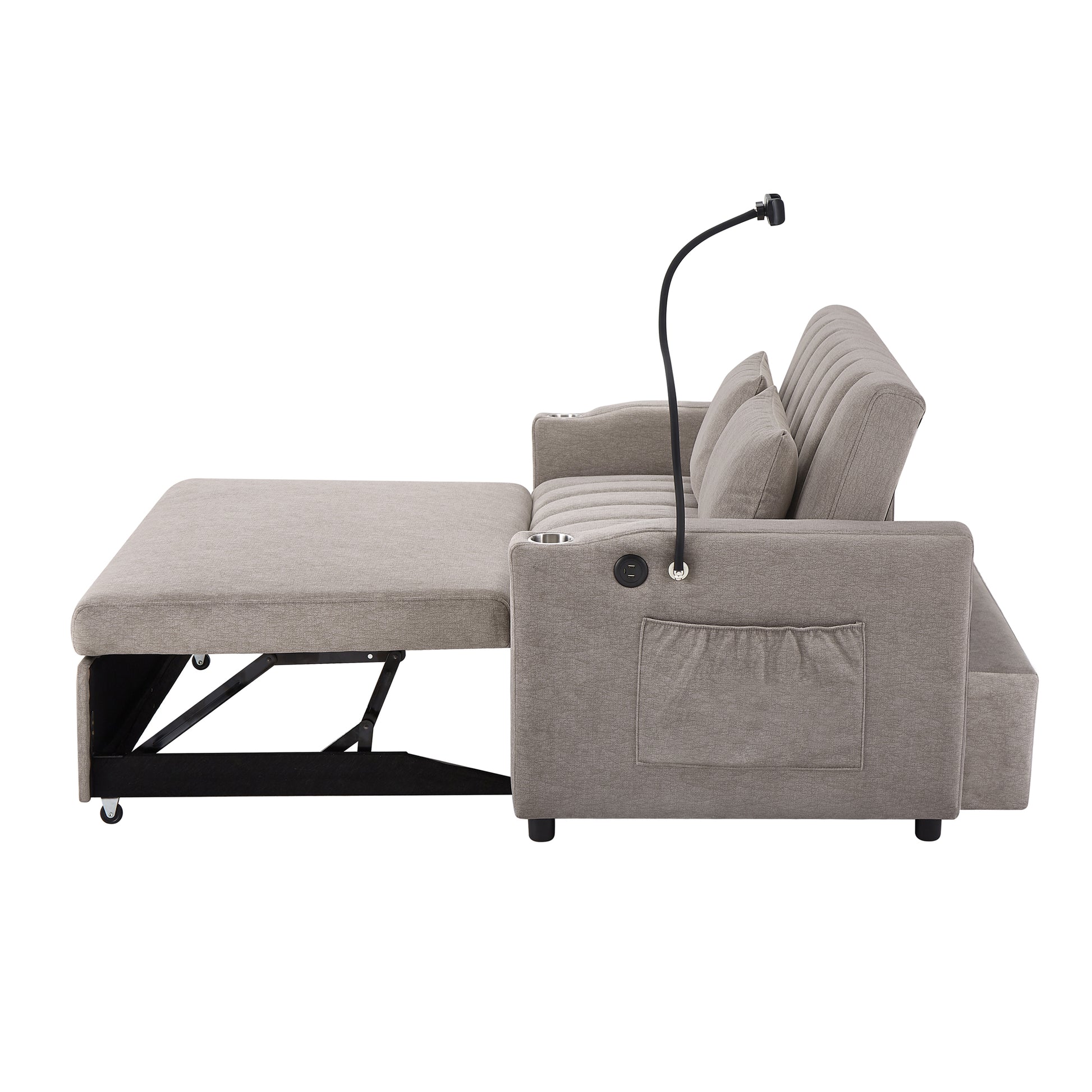 55.9" Convertible Sofa Bed Loveseat Sofa With Three Usb Ports, Two Side Pockets, Two Cup Holders And 360 Swivel Phone Holder For Living Room, Light Grey Light Grey Foam Polyester
