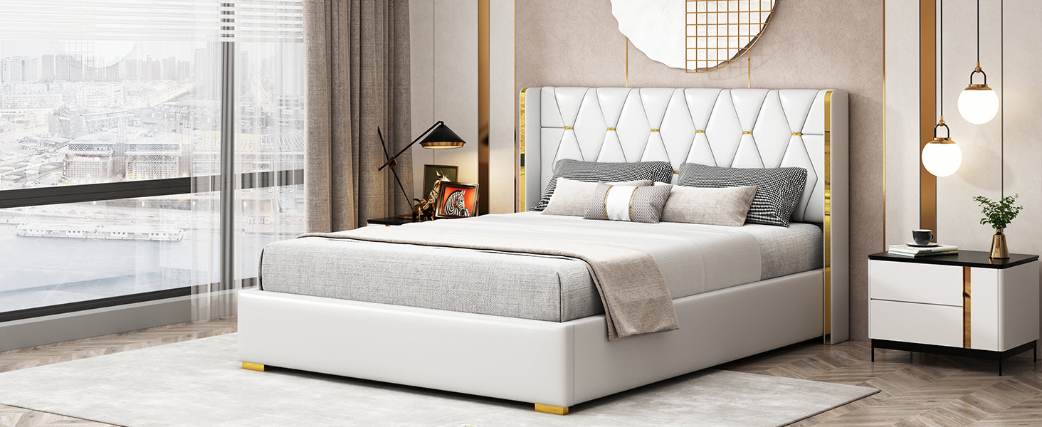 Queen Size Upholstered Platform Bed With Metal Strips, Off White Queen Off White Pu