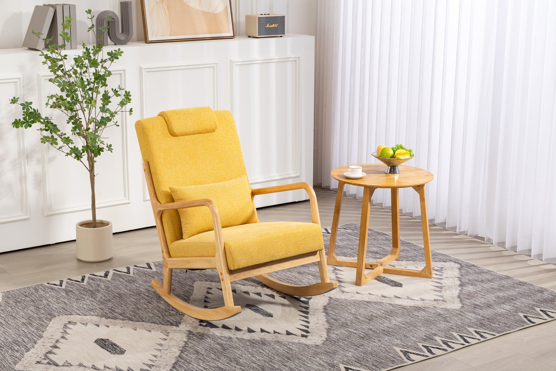 Rocking Chair Upholstered Fabric Rocking Armchair Indoor With High Backrest Glider Chairs And Lumbar Pillow For Living Room Yellow Linen