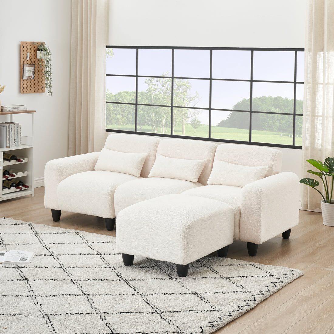 The 84.6 Inch Beige Teddy Fleece Creative Sofa Can Be Assembled Into A Two Seater Sofa Plus A Single Couch With Three Waist Pillows To Perfectly Stretch Your Waist For Small Apartment Bedroom Spaces Beige Polyester Blend 4 Seat