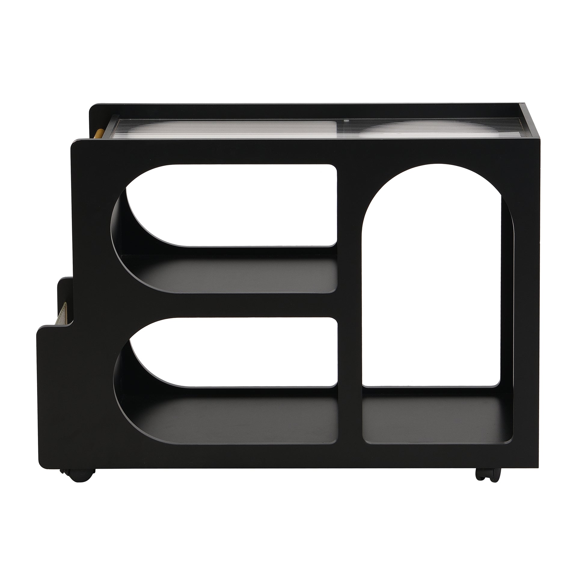 Mobile End Table With Lockable Wheels, Narrow Coffee Table With 5Mm Thick Fluted Tempered Glass, Modern Nightstand With Golden Round Rod, Living Room, Black, 31.5''W X11.8''D X 23.1''H Black Primary Living Space Mdf