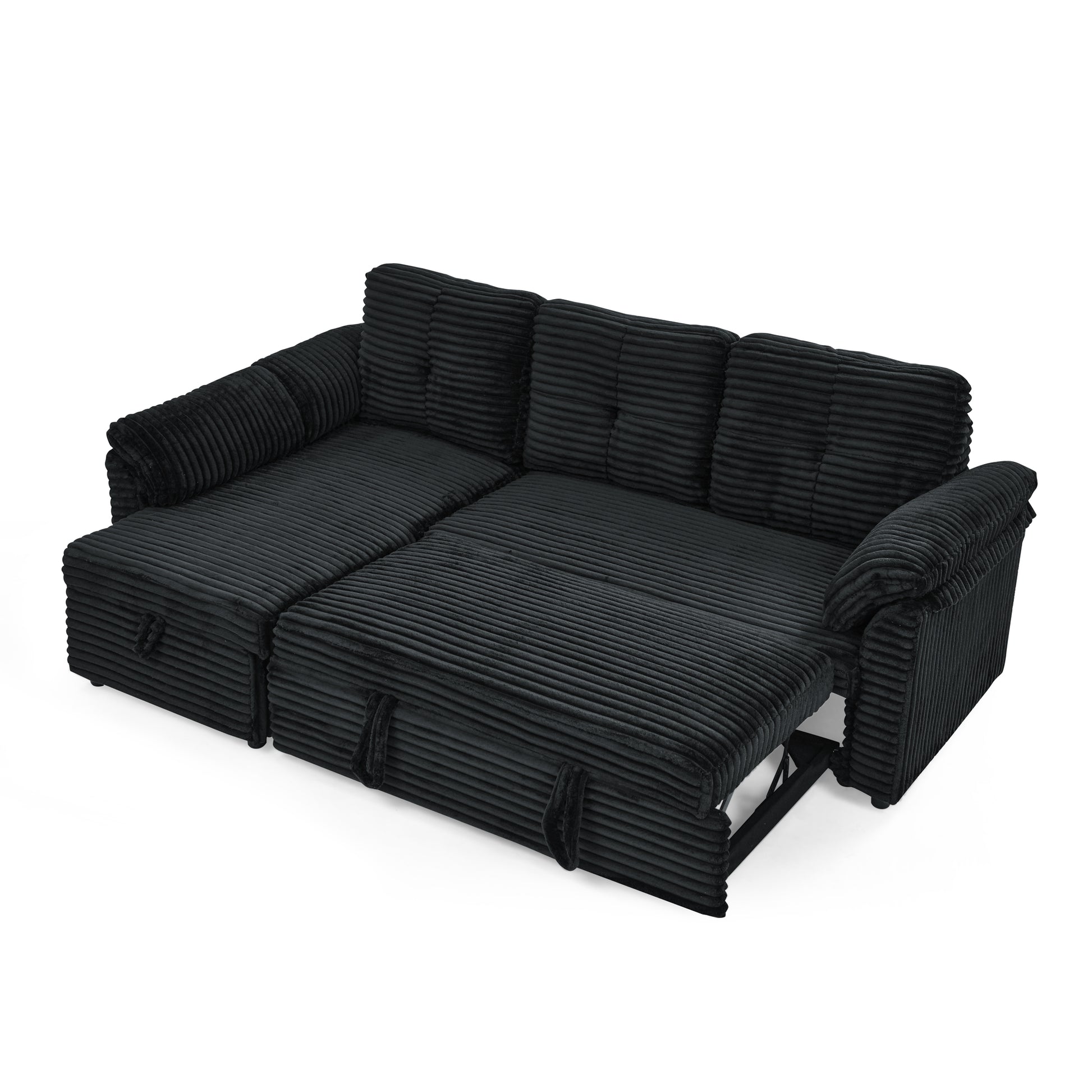 Corduroy Tufted Upholstered Sleeper Sectional Sofa, L Shaped Modular Convertible Sofa With Reversible Storage Chaise, Pull Out Sleep Couch Bed And Reclining Backrest Perfect For Living Space, Black Full Black Corduroy