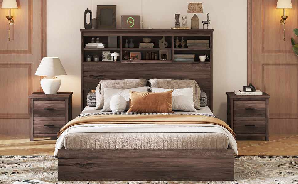 Queen Size Wooden Platform Bed With Storage Headboard,American Country Style Bed With Usb Charging Ports,Dark Walnut Queen Walnut American Traditional Mdf