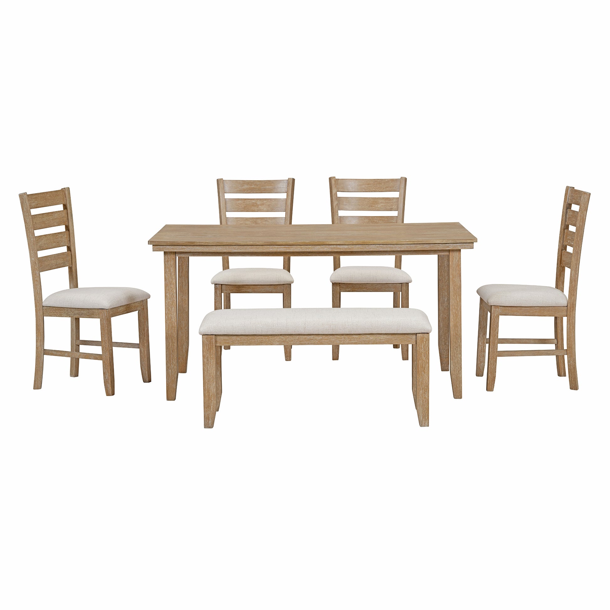 Dining Room Table And Chairs With Bench, Rustic Wood Dining Set, Set Of 6 Natural Wood Wash Natural Wood Wash Solid Wood