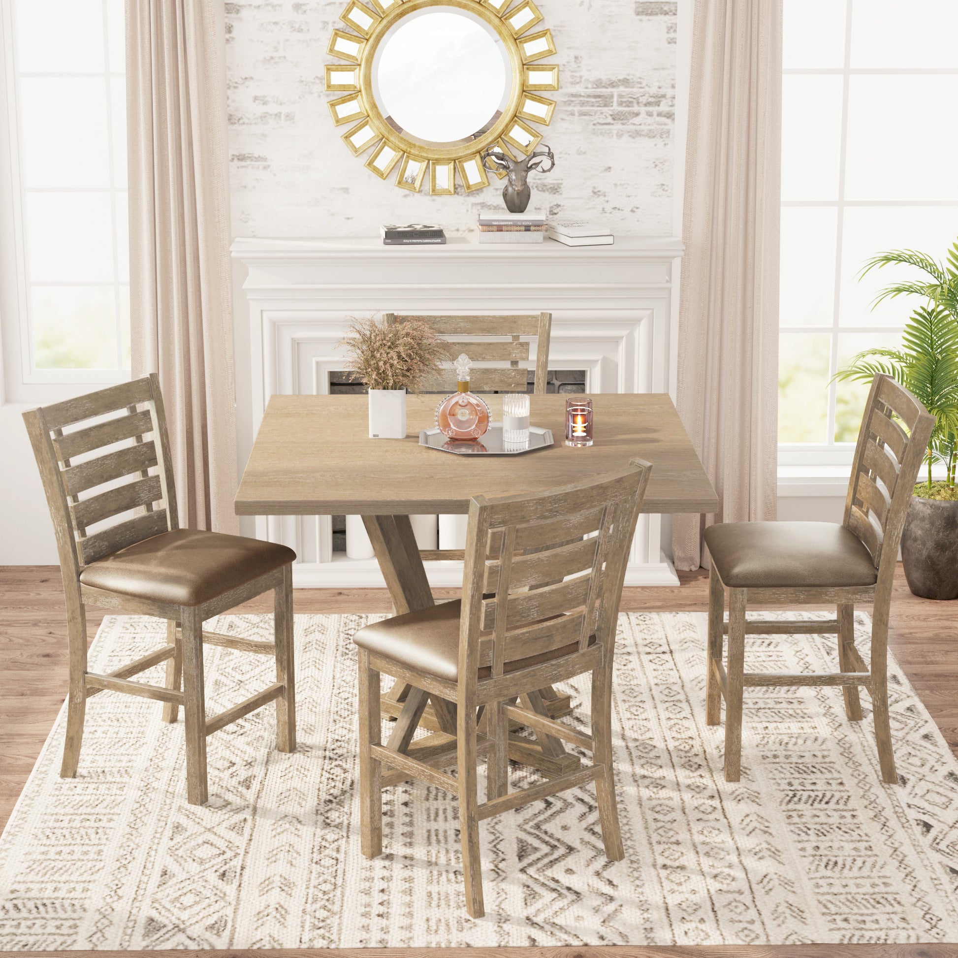 5Pcs Set Counter Table Set Square Counter Table Solid Wood Modern Farmhouse Rustic Look Distressed Look Light Brown Dining Room Fixed Table Rubberwood Square Dining Table With Chair Wood Grayish Brown Ladder Back Seats 4 48 Inches American