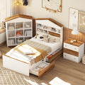 3 Pieces Bedroom Sets, Twin Size House Shaped Wooden Bed With Storage Drawers, Nightstand With Colorblock Design And House Shaped Stroage Rack, Brown White Twin Brown White 3 Piece Set Wood