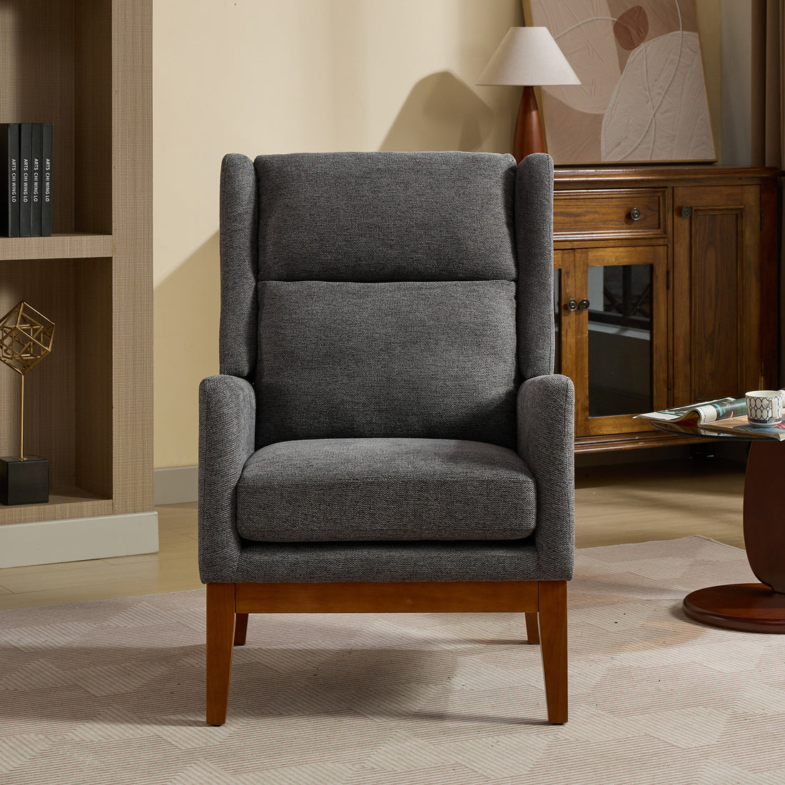 26.18" Wide Modern Accent Chair,Polyester Blend High Back Reading Chair ,Upholstered Armchair Club Chair,Single Sofa With Wood Legs For Living Room,Bedroom,Reading Room,Office,Charcoal Charcoal Foam