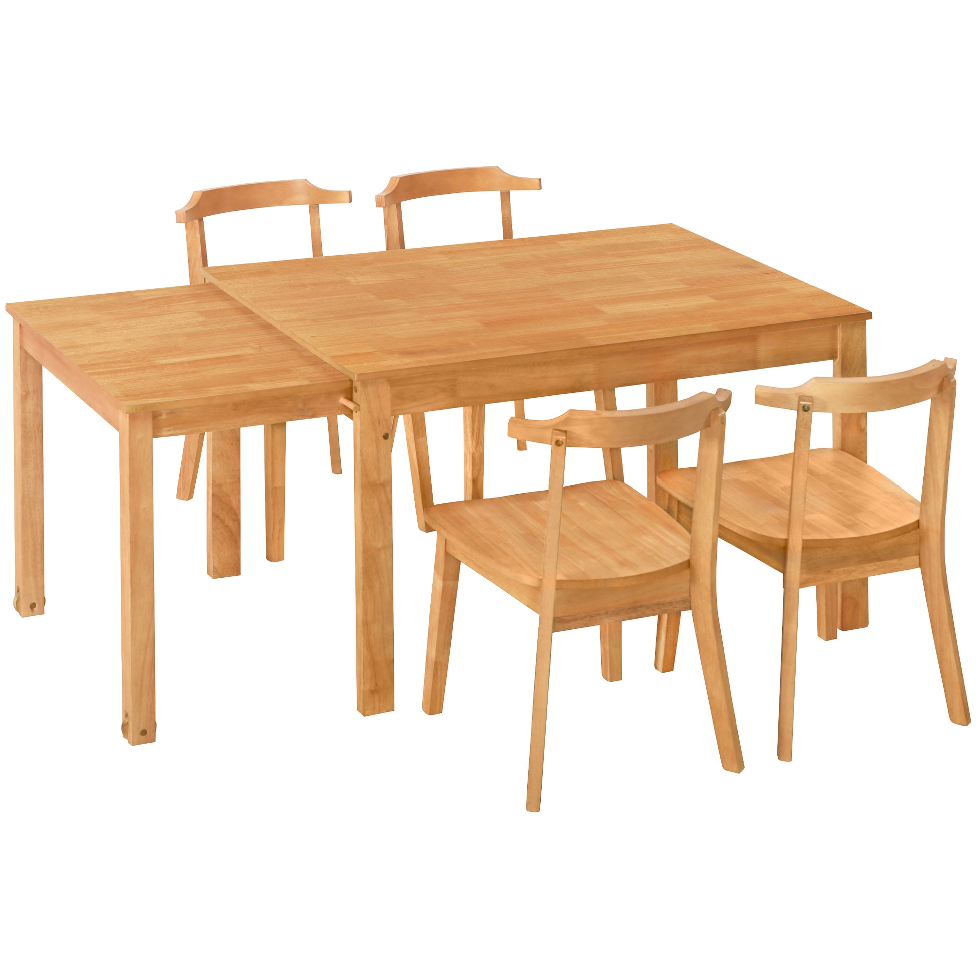 Farmhouse 65" 5 Piece Extendable Dining Table Set With Wheels Kitchen Table Set With 17.7" Pull Out Side Table And Dining Chairs For Small Places, Natural Wood Wood Natural Solid Back Wood Dining Room Solid Wood Rubberwood Rectangular Rectangular Dining