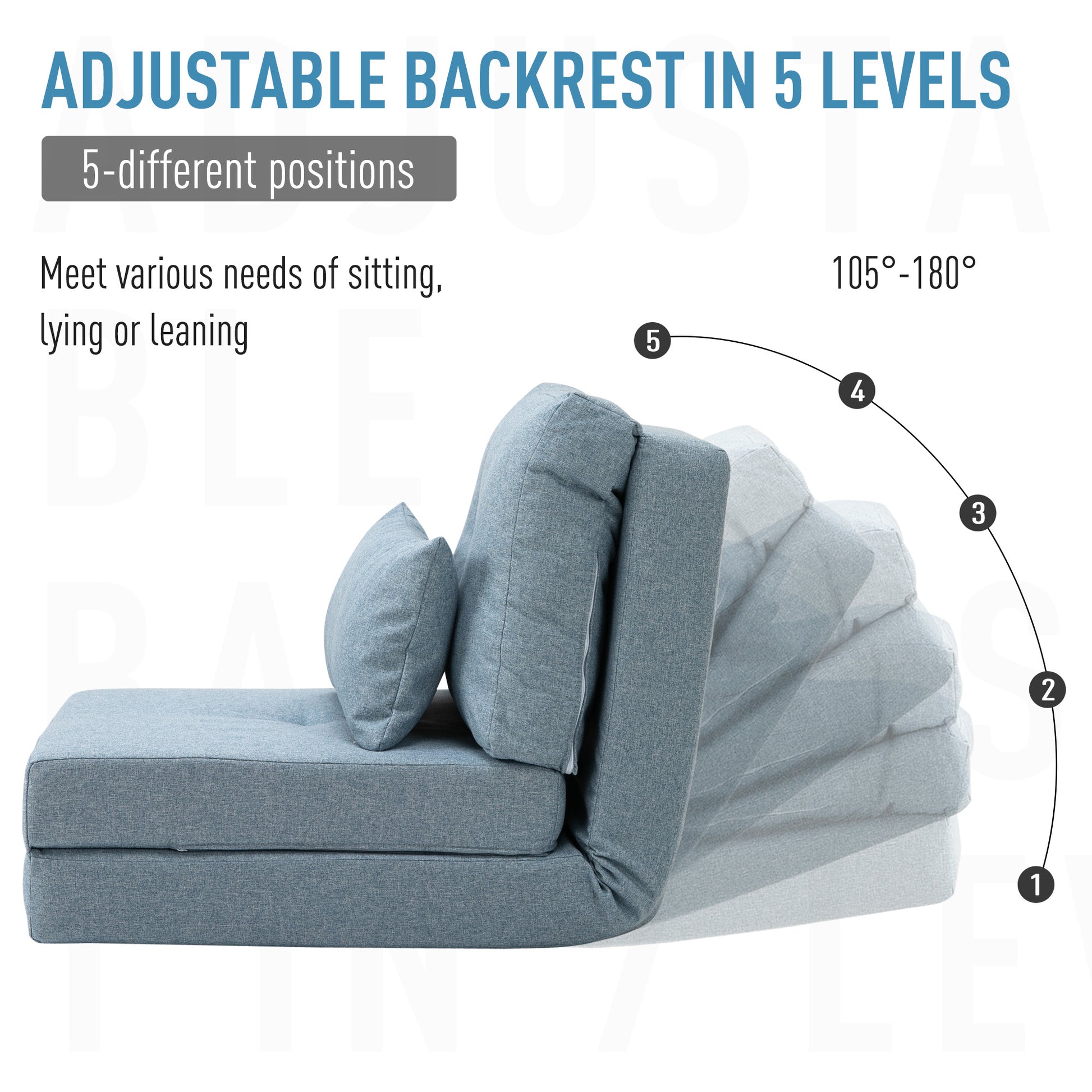 Homcom Convertible Flip Chair, Floor Lazy Sofa, Folding Upholstered Couch Bed With Adjustable Backrest, Metal Frame And Pillows For Living Room Bedroom, Blue Blue Steel