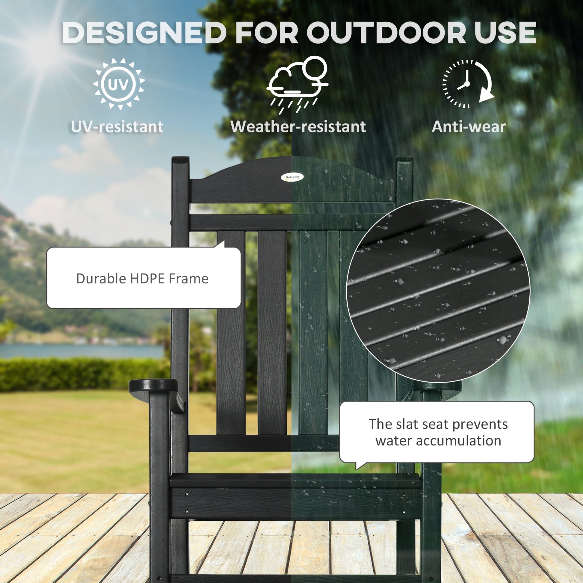 Outsunny Outdoor Rocking Chair, All Weather Resistant Hdpe Rocking Patio Chairs With Rustic High Back, Armrests, Oversized Seat And Slatted Backrest, 350Lbs Weight Capacity, Black Black Plastic