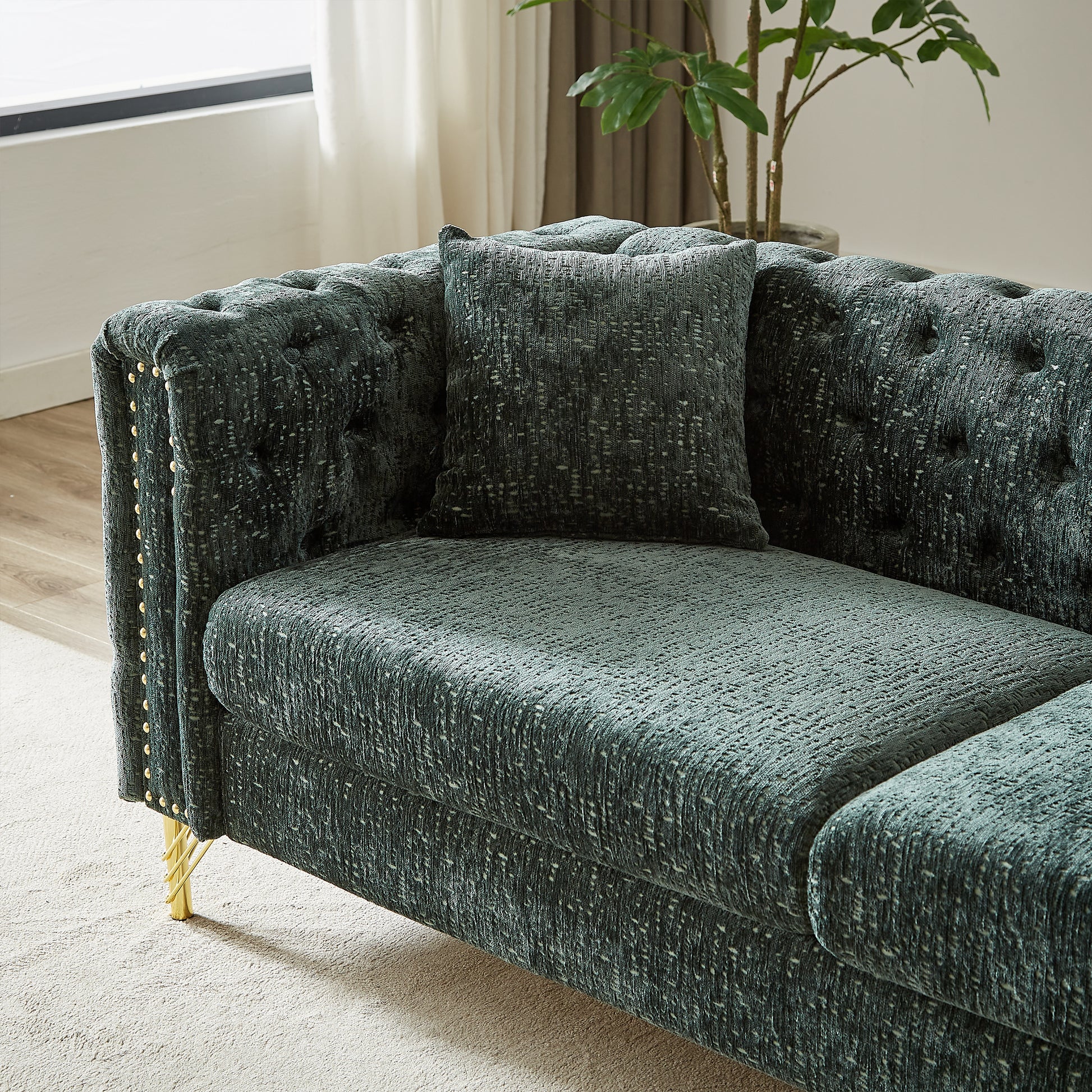 60 Inch Chenille Pull Buckle Design Sofa For Living Room,Buttons Tufted With Copper Nail Decoration Armrest, Modern Couch Upholstered Button And Metal Legs Green Foam Chenille 2 Seat