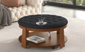 Modern Large Round Ottoman Coffee Table 2 Tier Oversized Button Tufted Ottoman With Wood Shelf Storage Upholstered Coffee Table For Living Room Footrest Ottoman With Wheel, Waterproof Linen Black Brown Rubber Wood