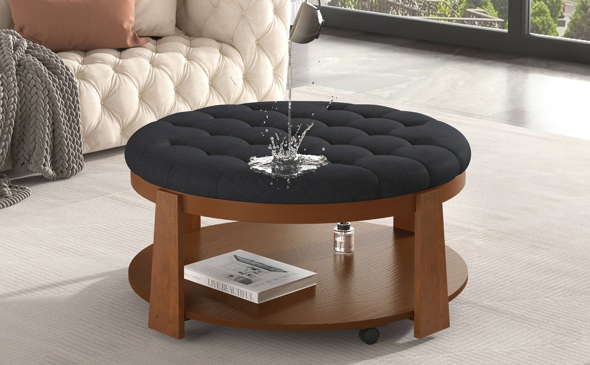 Modern Large Round Ottoman Coffee Table 2 Tier Oversized Button Tufted Ottoman With Wood Shelf Storage Upholstered Coffee Table For Living Room Footrest Ottoman With Wheel, Waterproof Linen Black Brown Rubber Wood