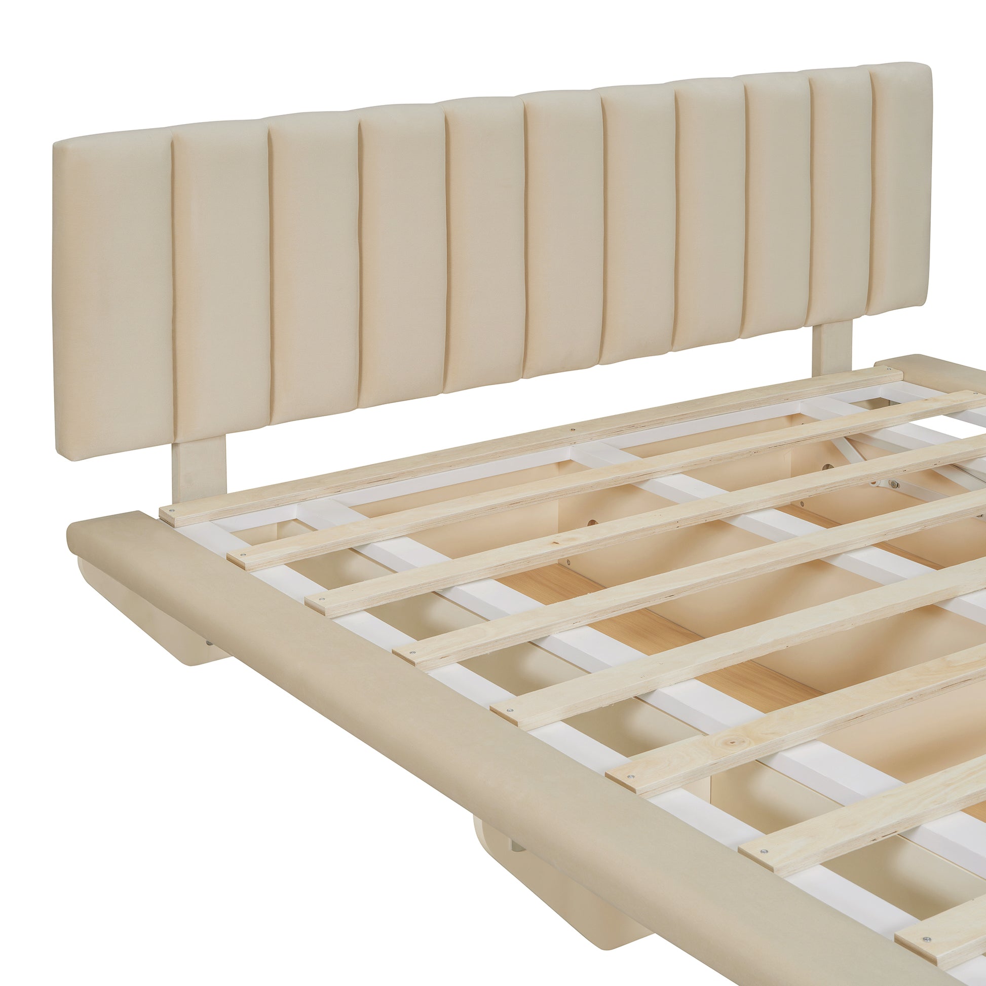 Queen Size Upholstered Floating Bed With Led Light And Usb Port, Velvet, Beige, Hydrualic Platform Bed Queen Beige Velvet