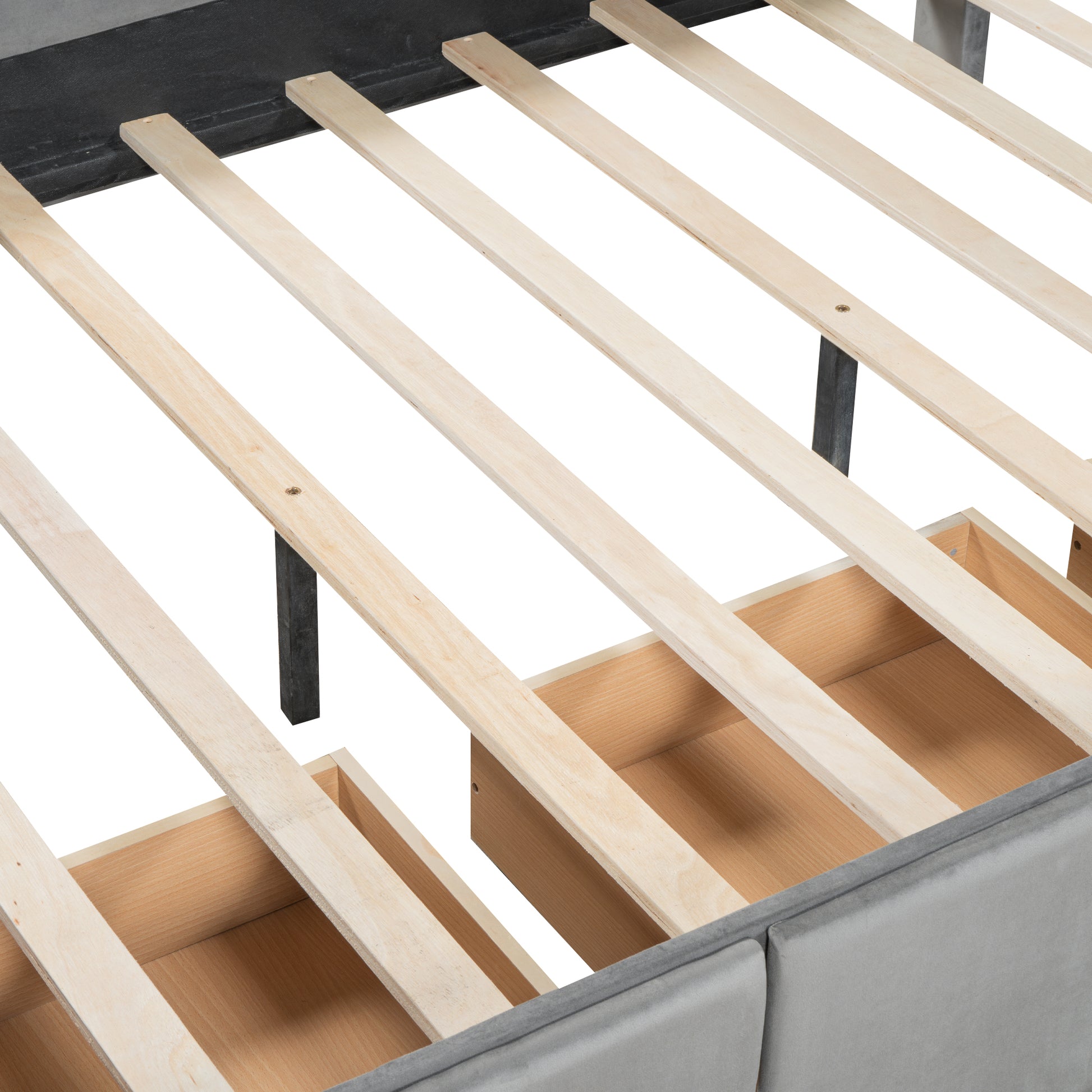 Full Size Velvet Platform Bed With Rabbit Shaped Headboard, With Drawers, With Bed End Storage Pocket, Gray Full Gray Plywood